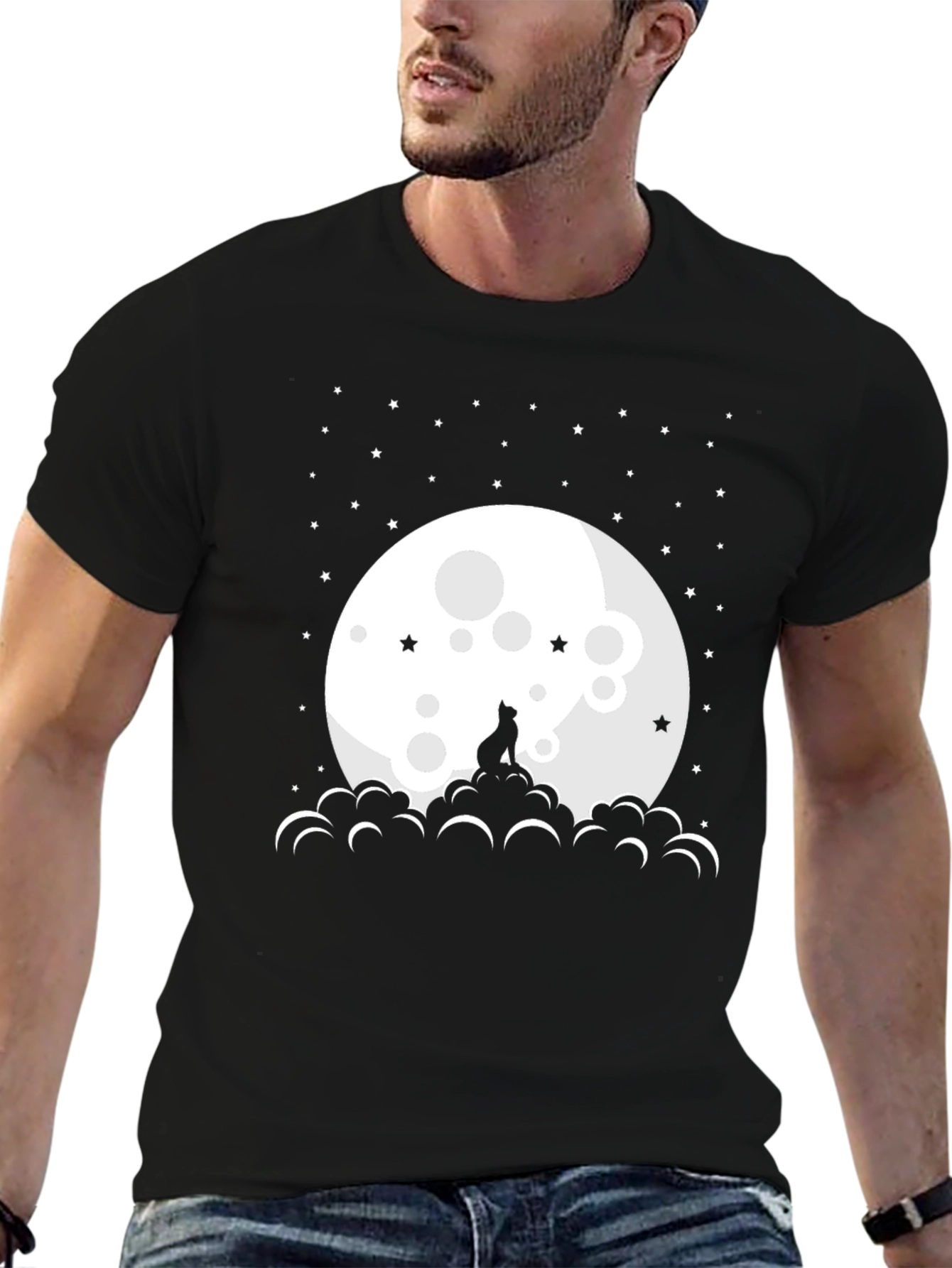 Cat Moon Stars Black T-Shirt