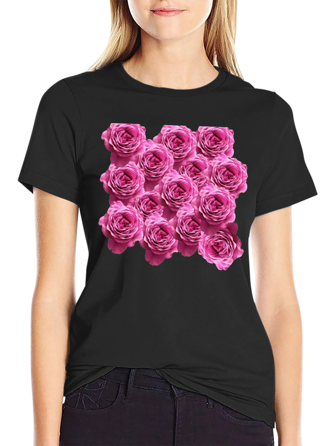 Rose Print Black T-Shirt