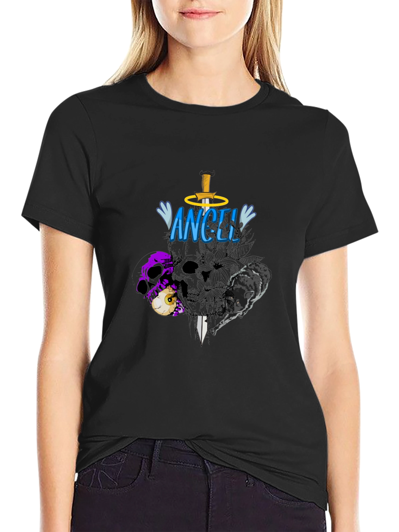 Angel Skull Graphic Black T-Shirt