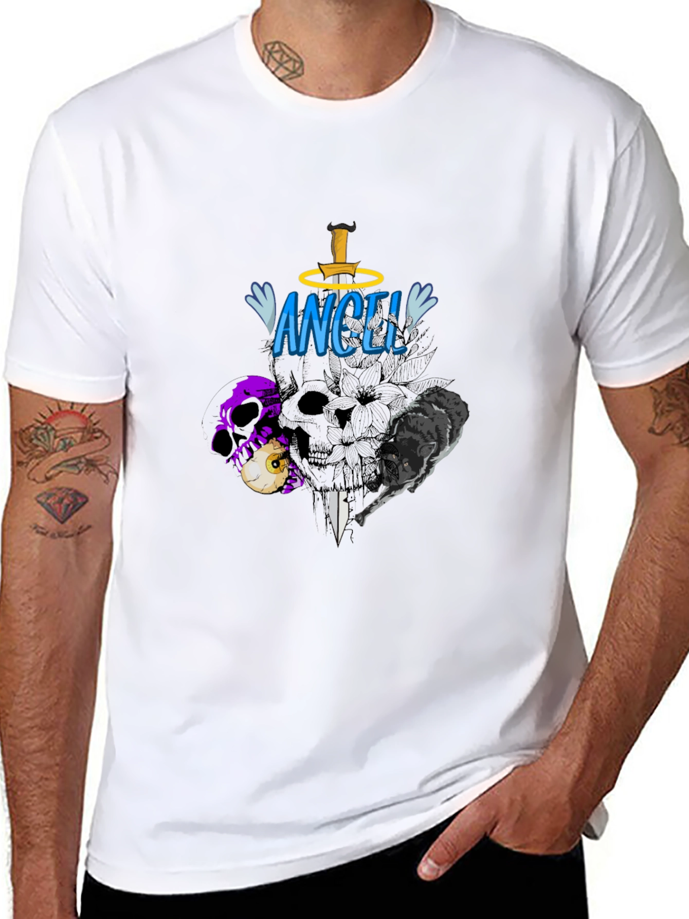 Angel Skull Graphic Black T-Shirt