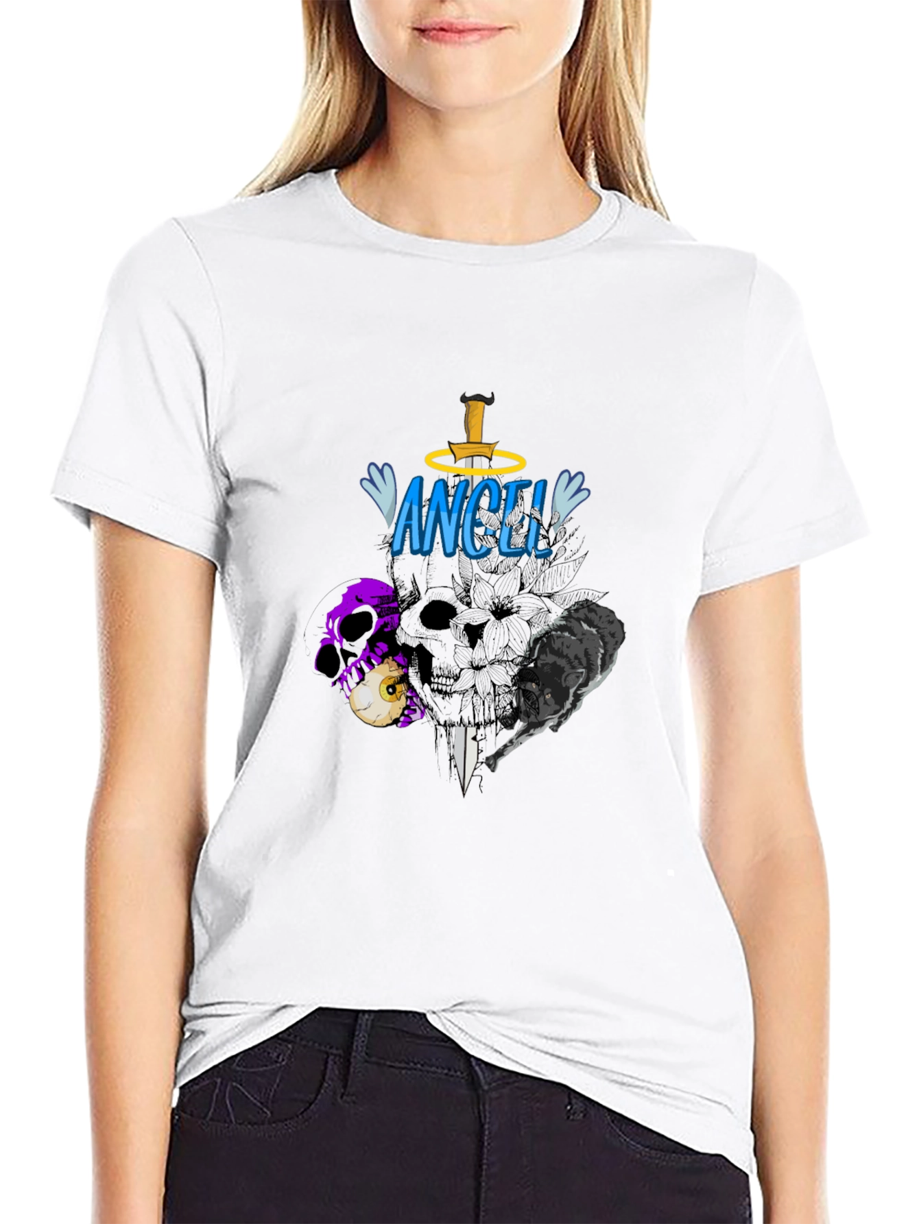 Angel Skull Graphic Black T-Shirt