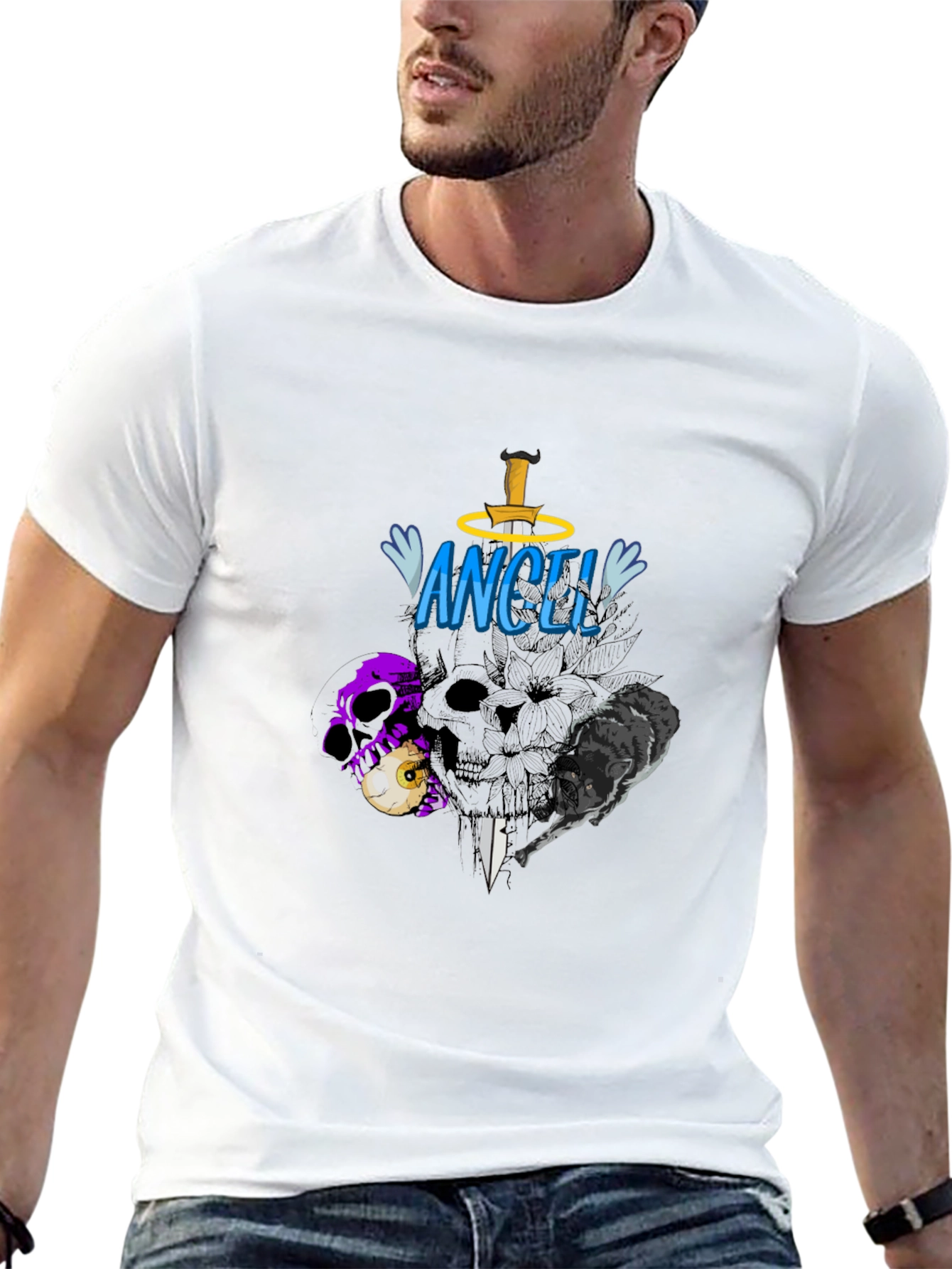 Angel Skull Graphic Black T-Shirt