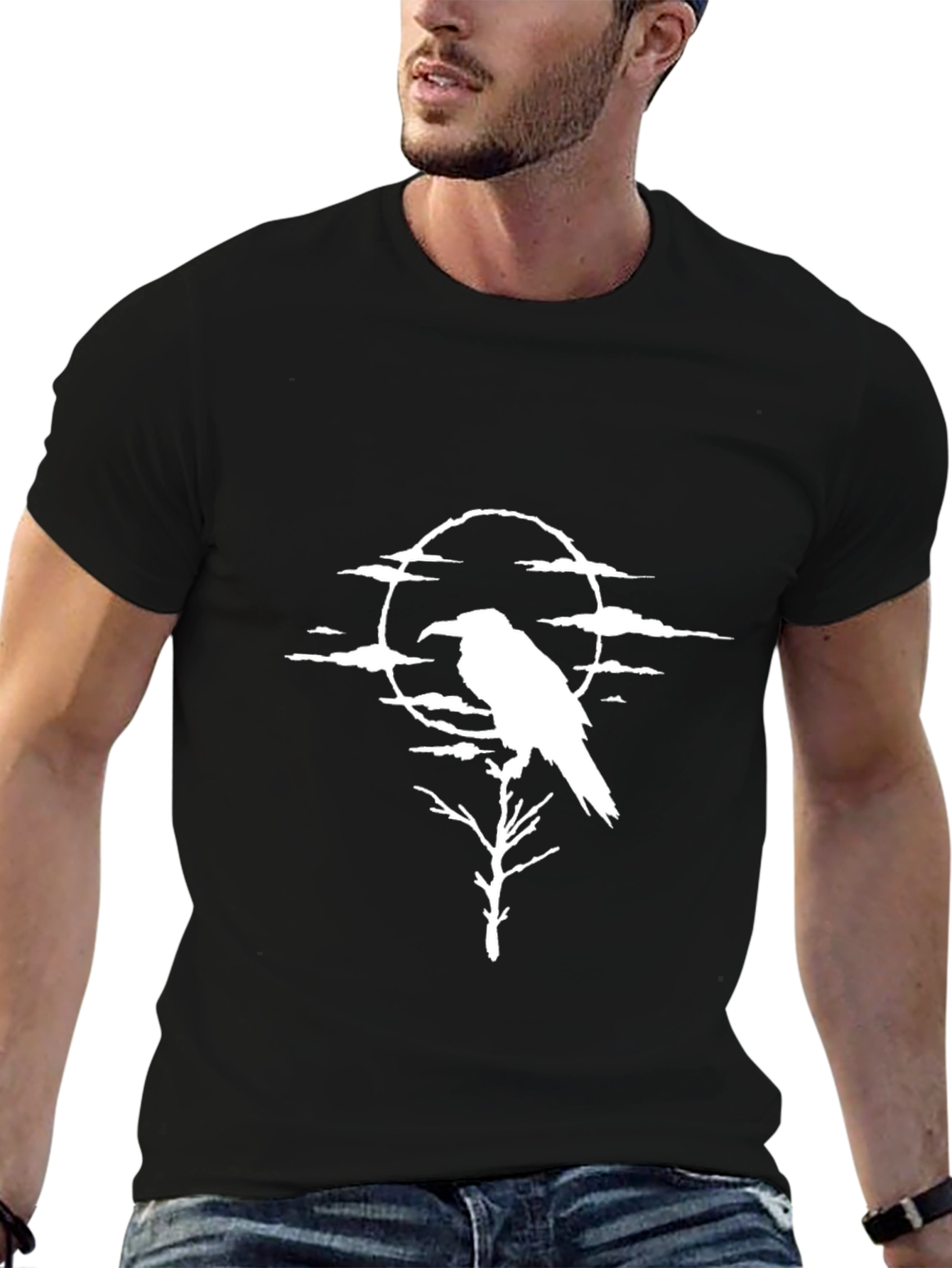 Raven Moon Graphic Tee - Black Cotton Shirt