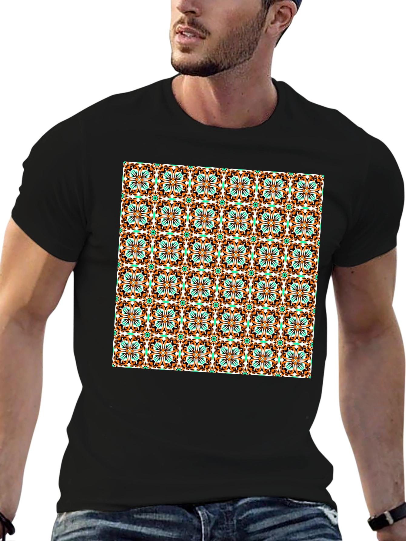 Patterned Graphic Print Black T-Shirt