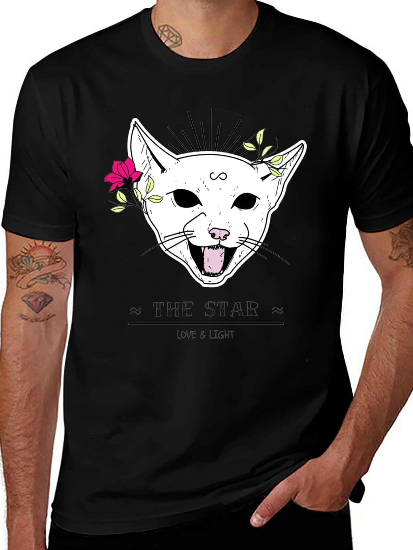 Floral Cat Graphic Black T-Shirt