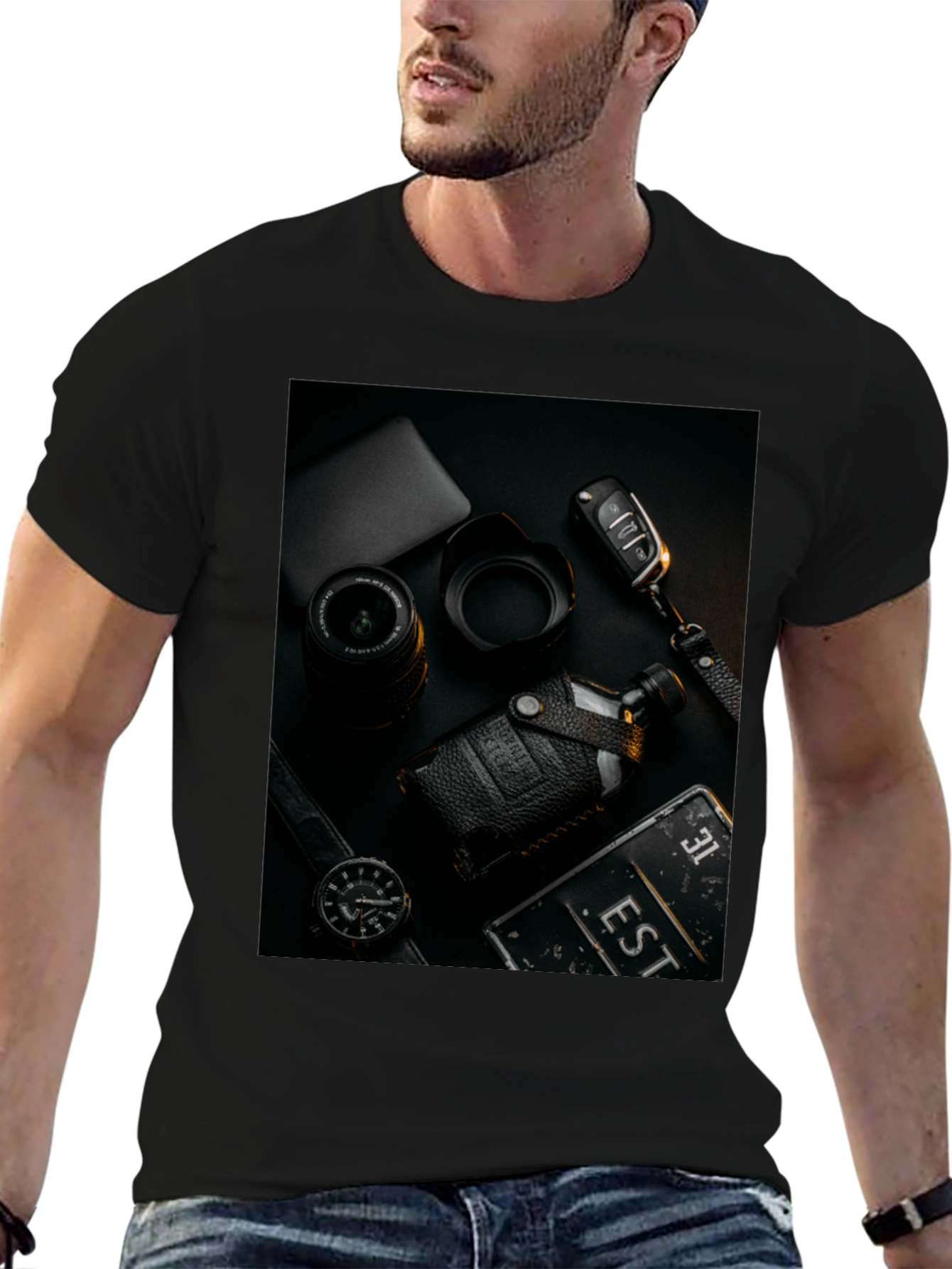 Mens Black T-Shirt with Stylish Photography Print