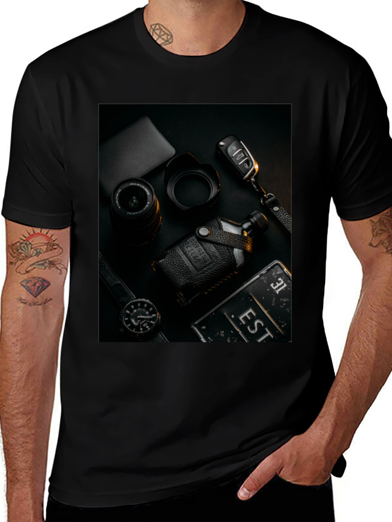Mens Black T-Shirt with Stylish Photography Print