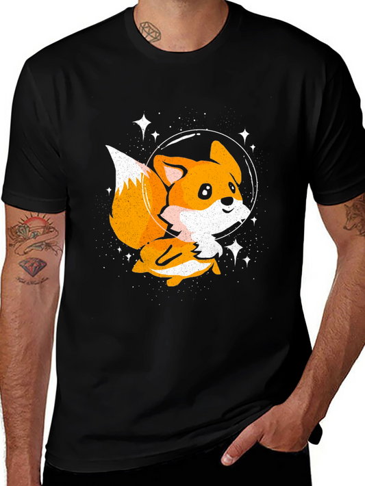 Astronaut Fox Black T-Shirt - Space Cartoon Tee