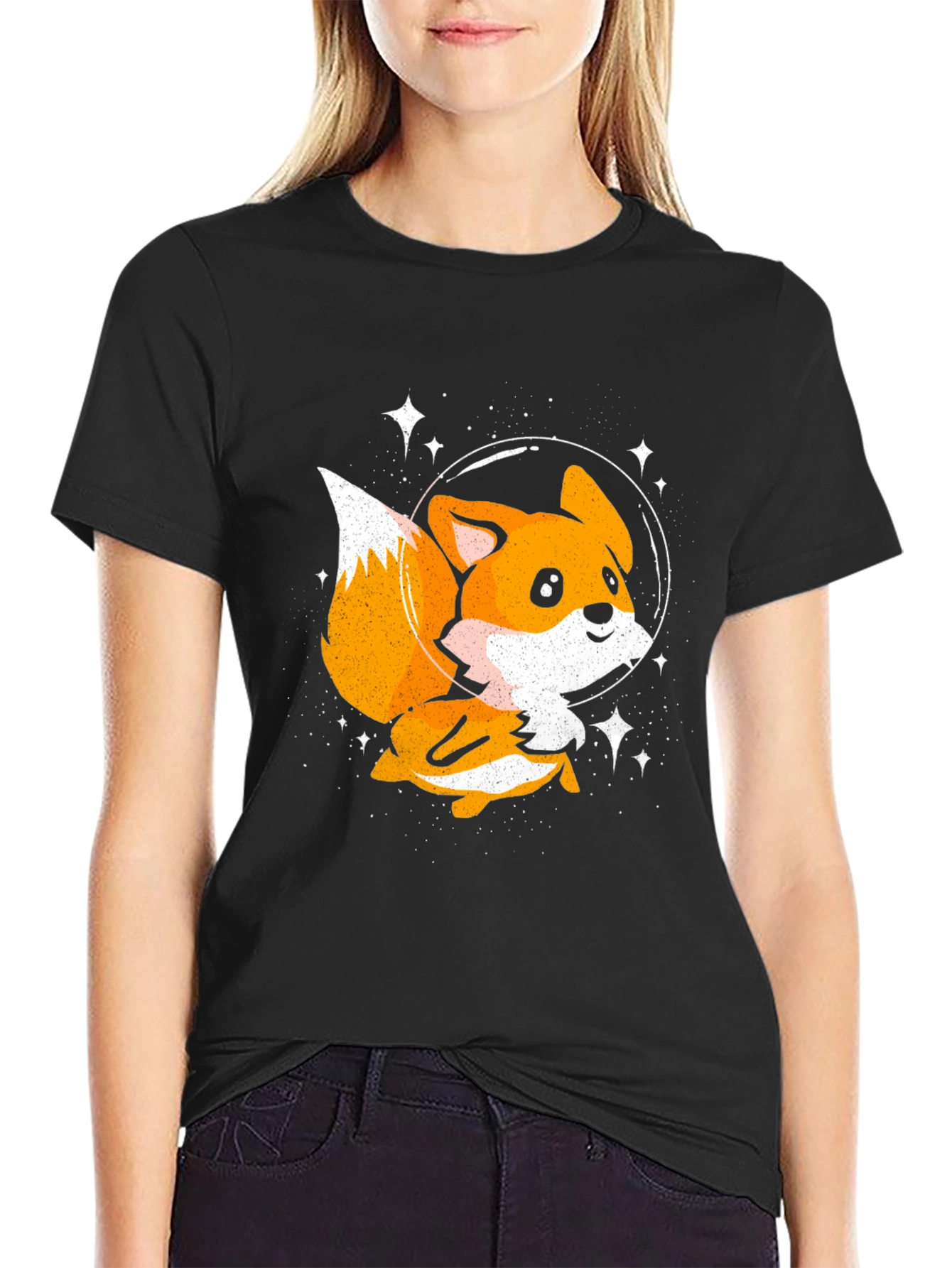 Astronaut Fox Black T-Shirt - Space Cartoon Tee