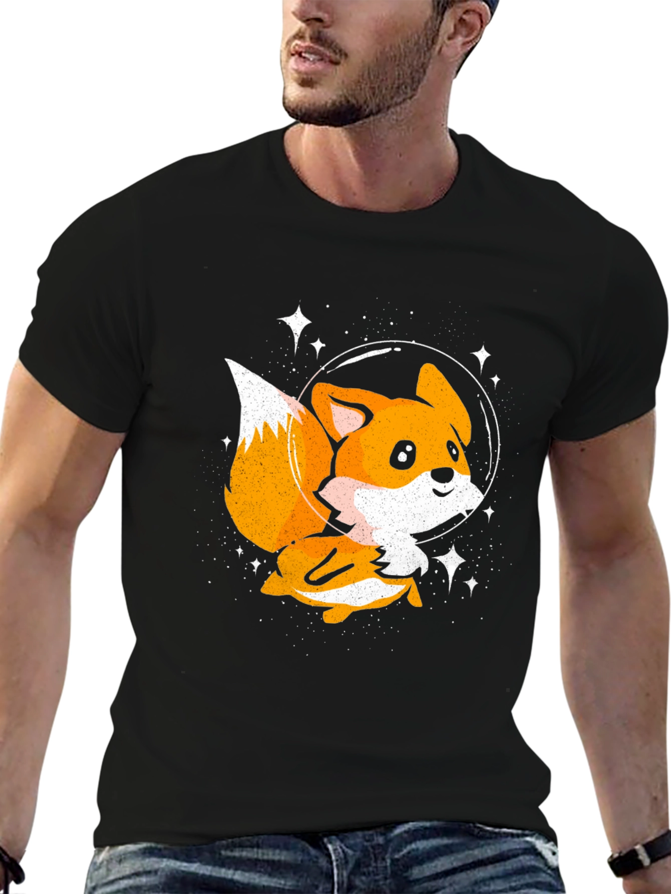 Astronaut Fox Black T-Shirt - Space Cartoon Tee