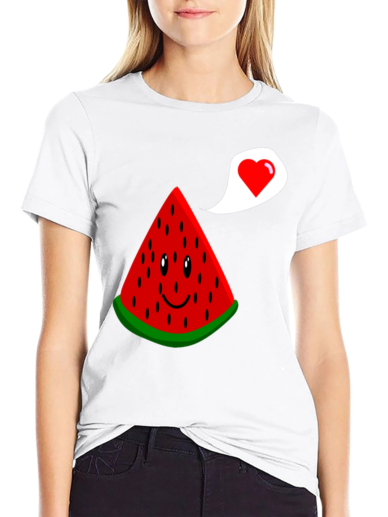 Cute Watermelon Slice Heart Graphic Black T-Shirt