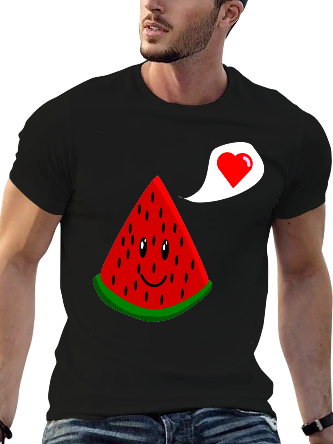 Cute Watermelon Slice Heart Graphic Black T-Shirt