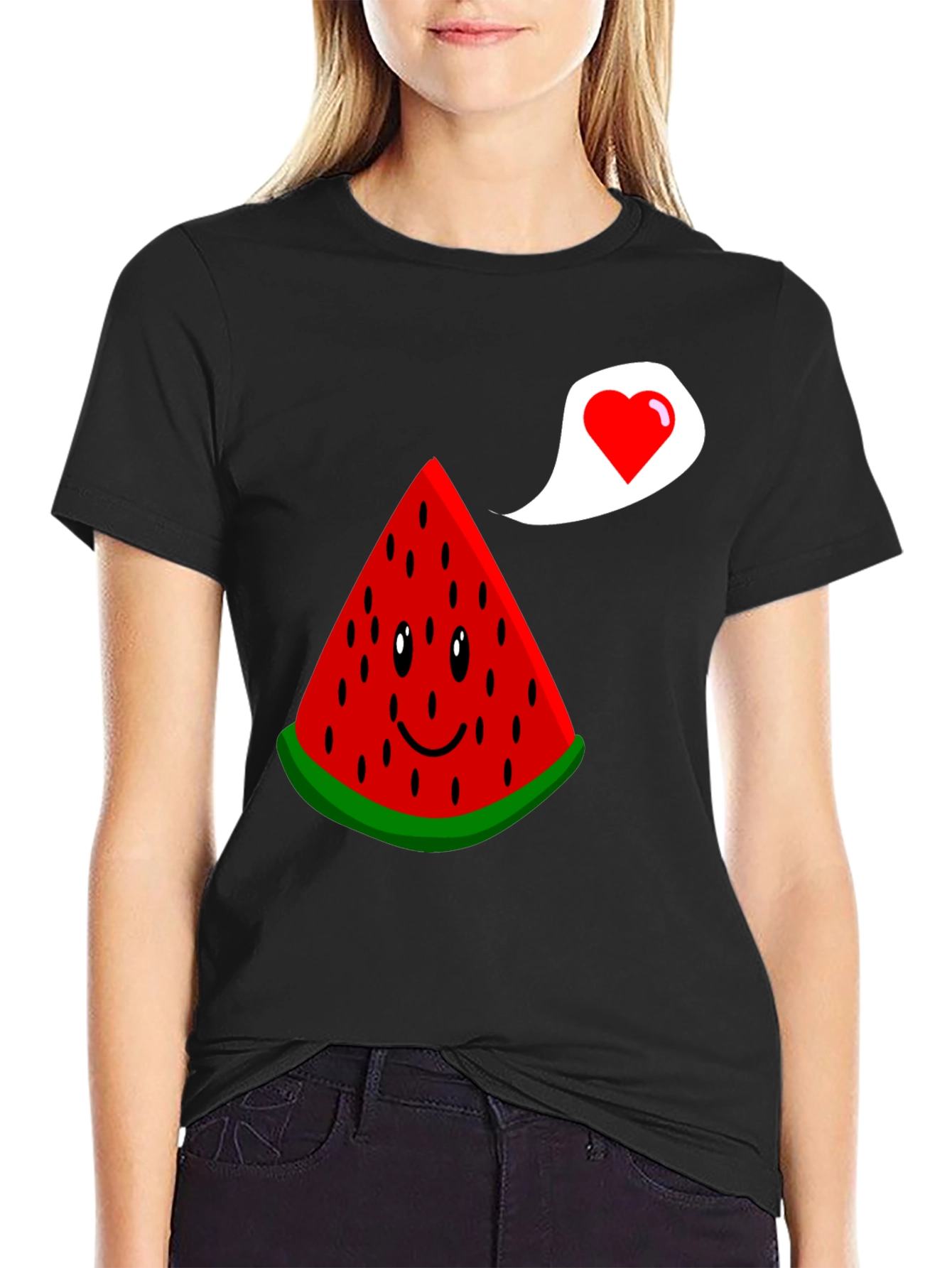 Cute Watermelon Slice Heart Graphic Black T-Shirt