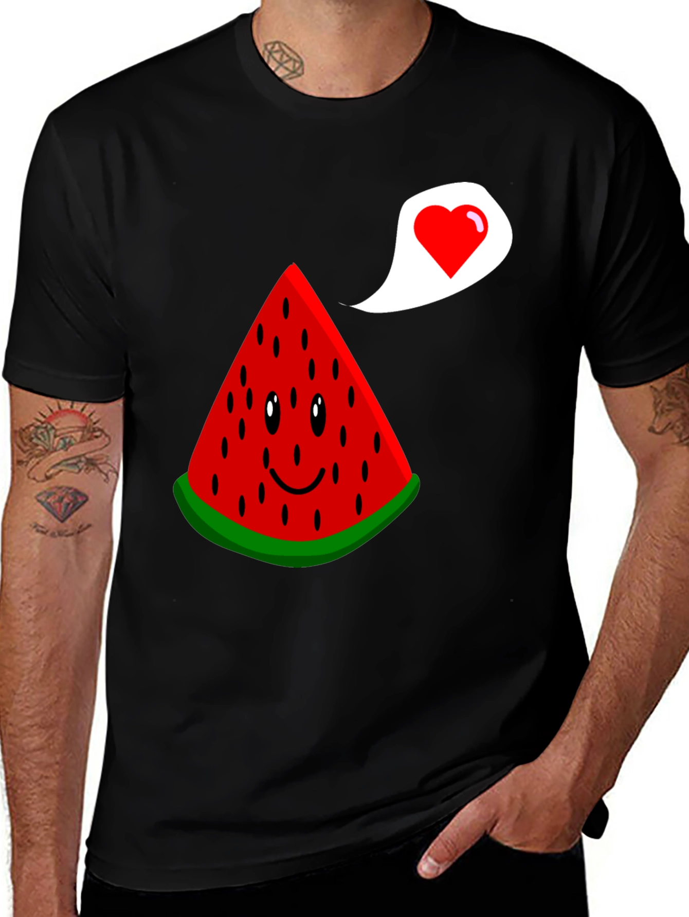 Cute Watermelon Slice Heart Graphic Black T-Shirt