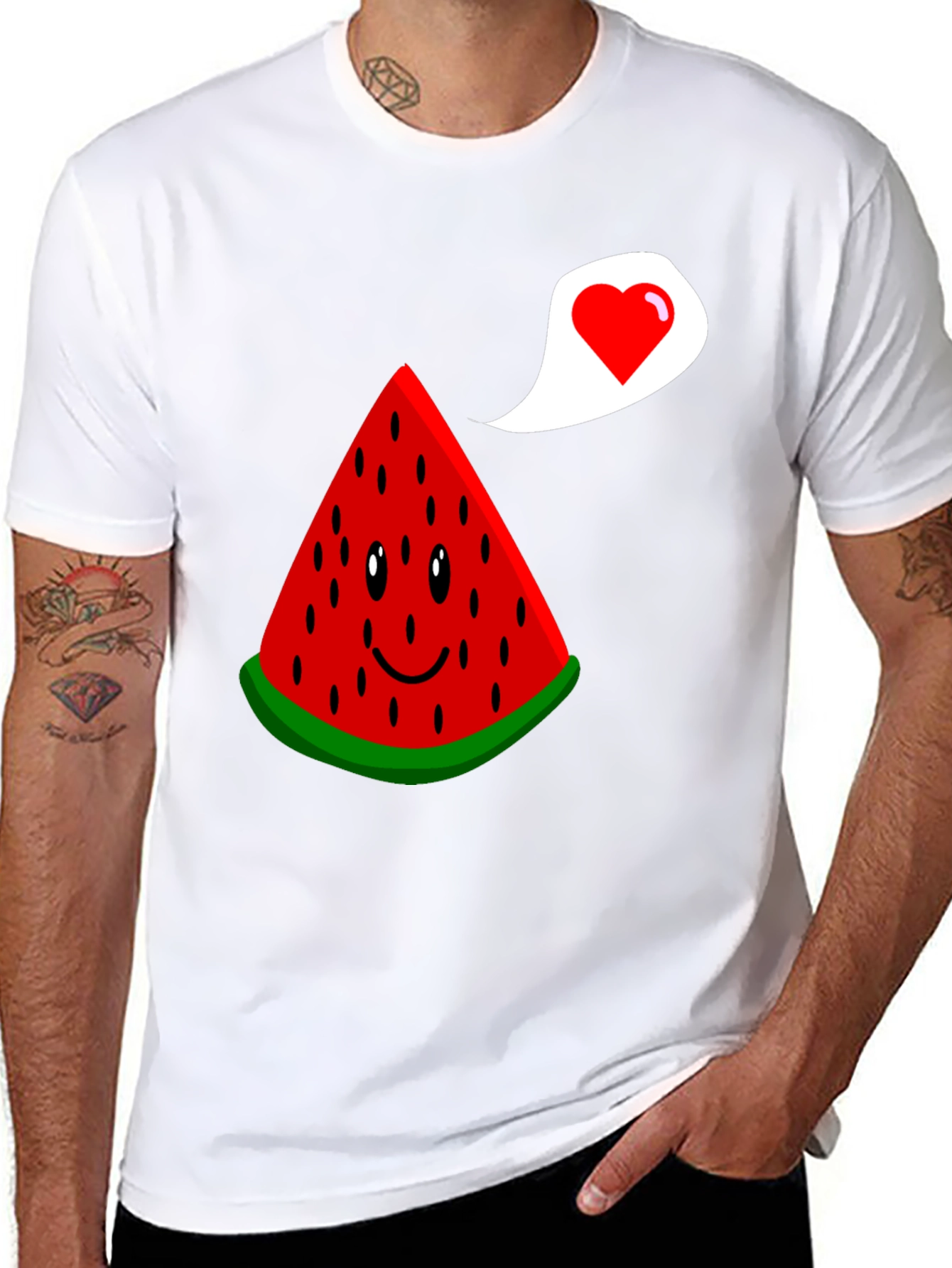Cute Watermelon Slice Heart Graphic Black T-Shirt