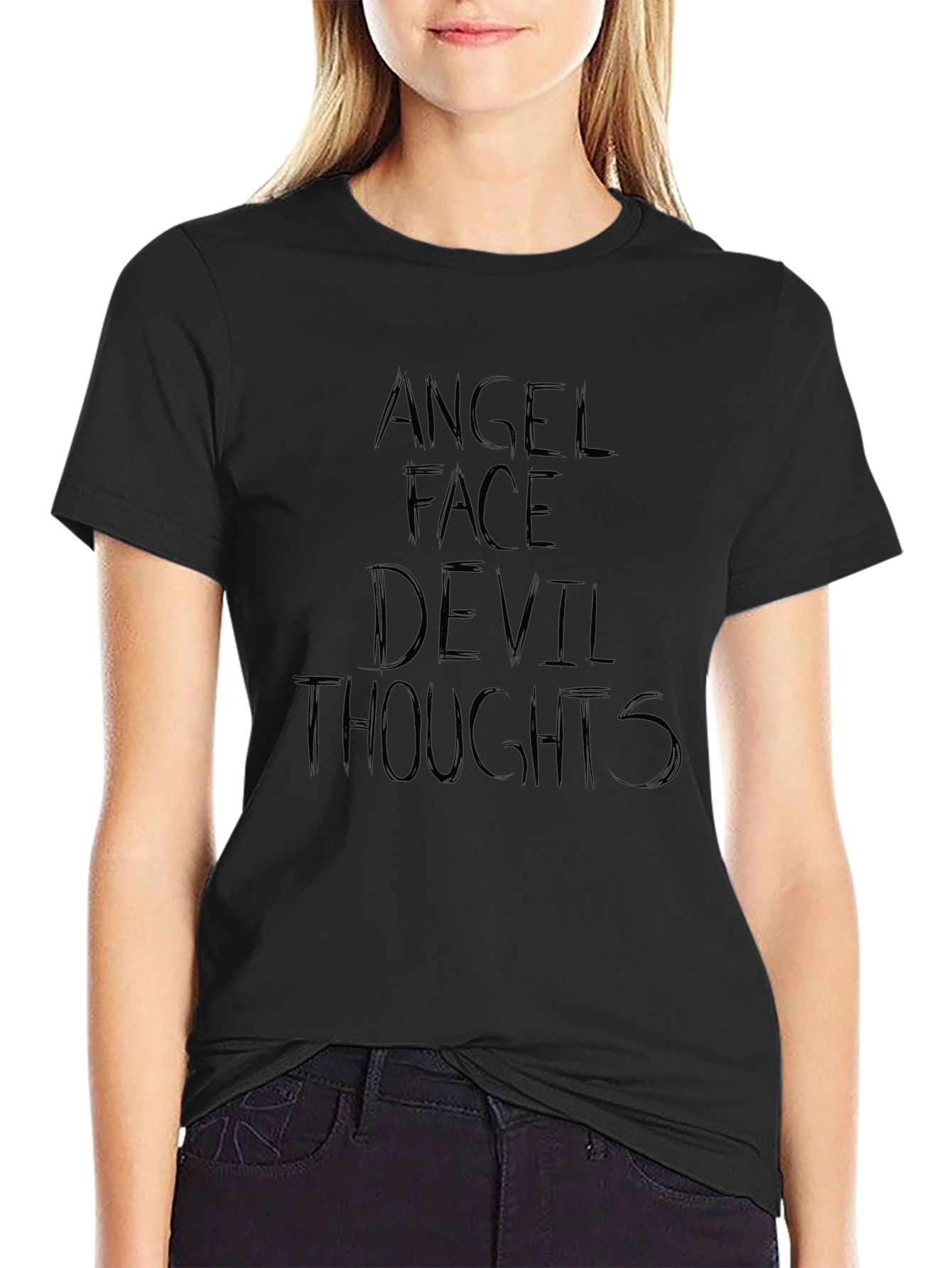 Angel Face Devil Thoughts Graphic Tee - Black