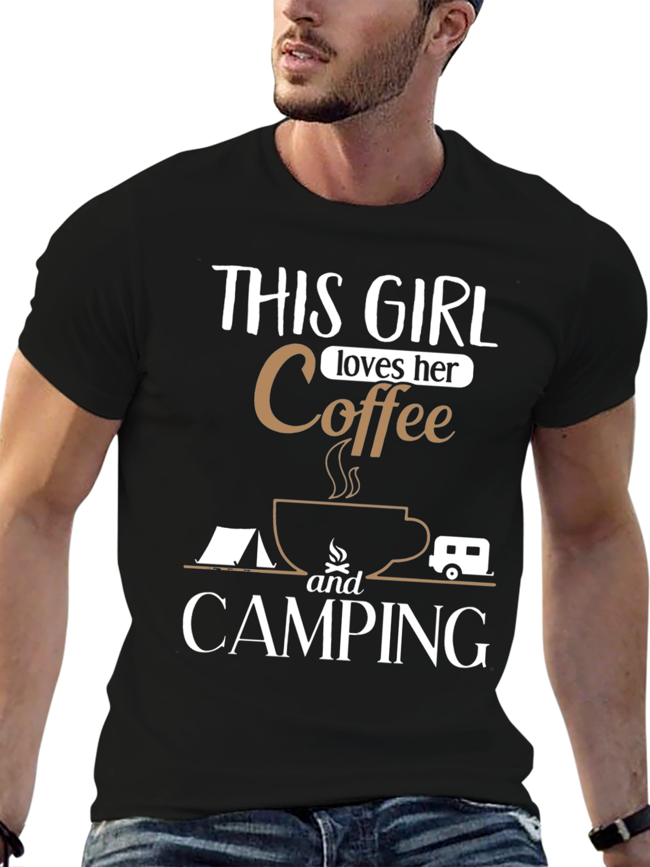 This Girl Loves Coffee and Camping Graphic T-Shirt