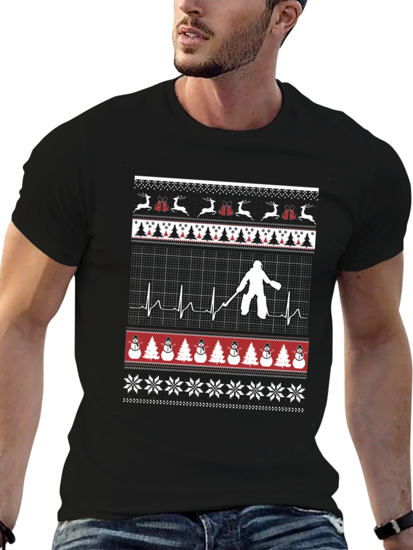 Ugly Christmas Hockey Goalie ECG Holiday T-Shirt