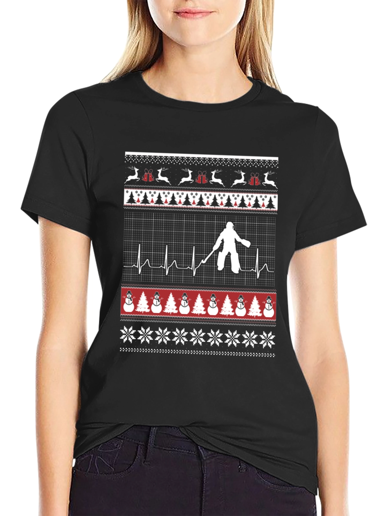 Ugly Christmas Hockey Goalie ECG Holiday T-Shirt