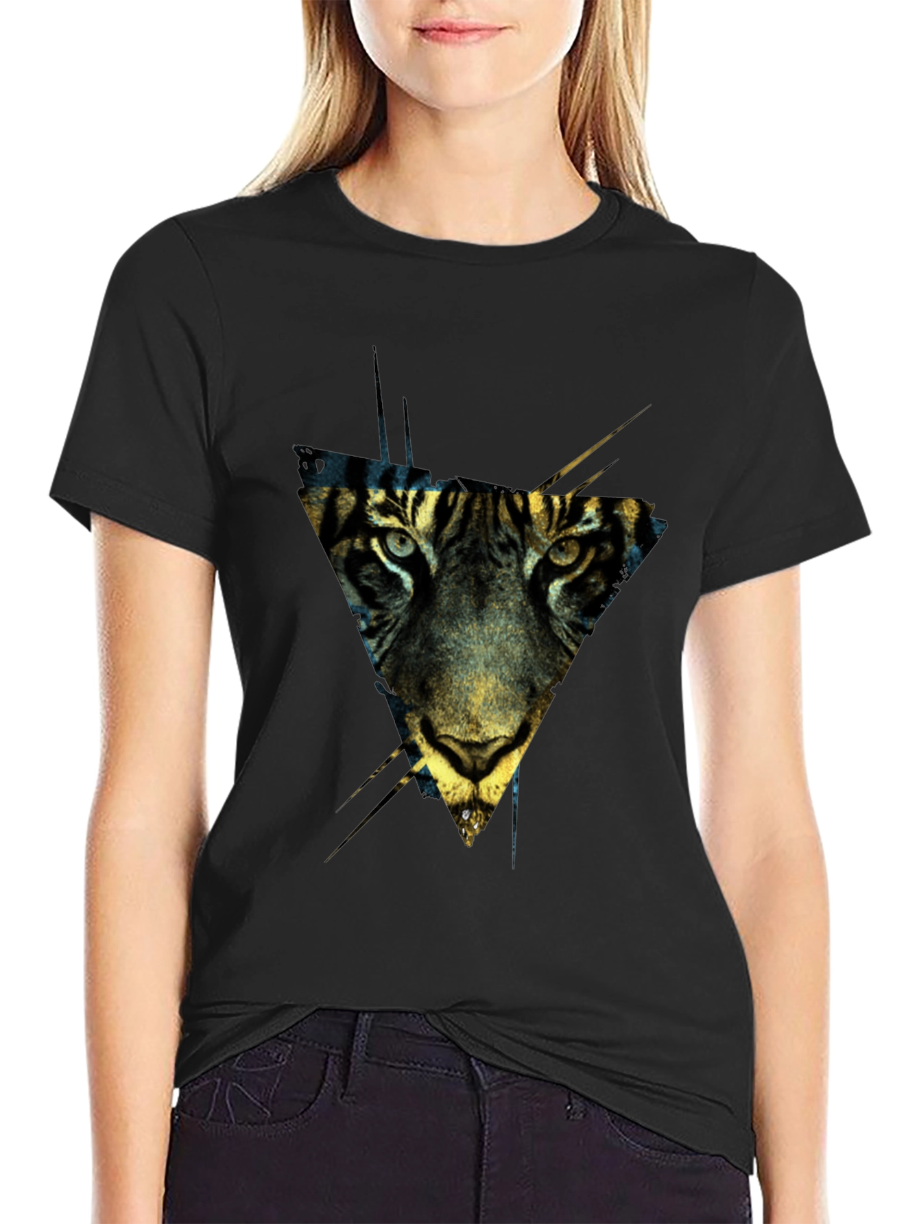 Geometric Tiger Print Black T-Shirt