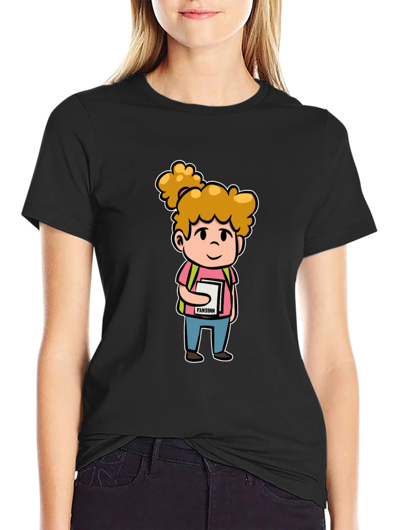 Cartoon Schoolgirl Graphic Black T-Shirt