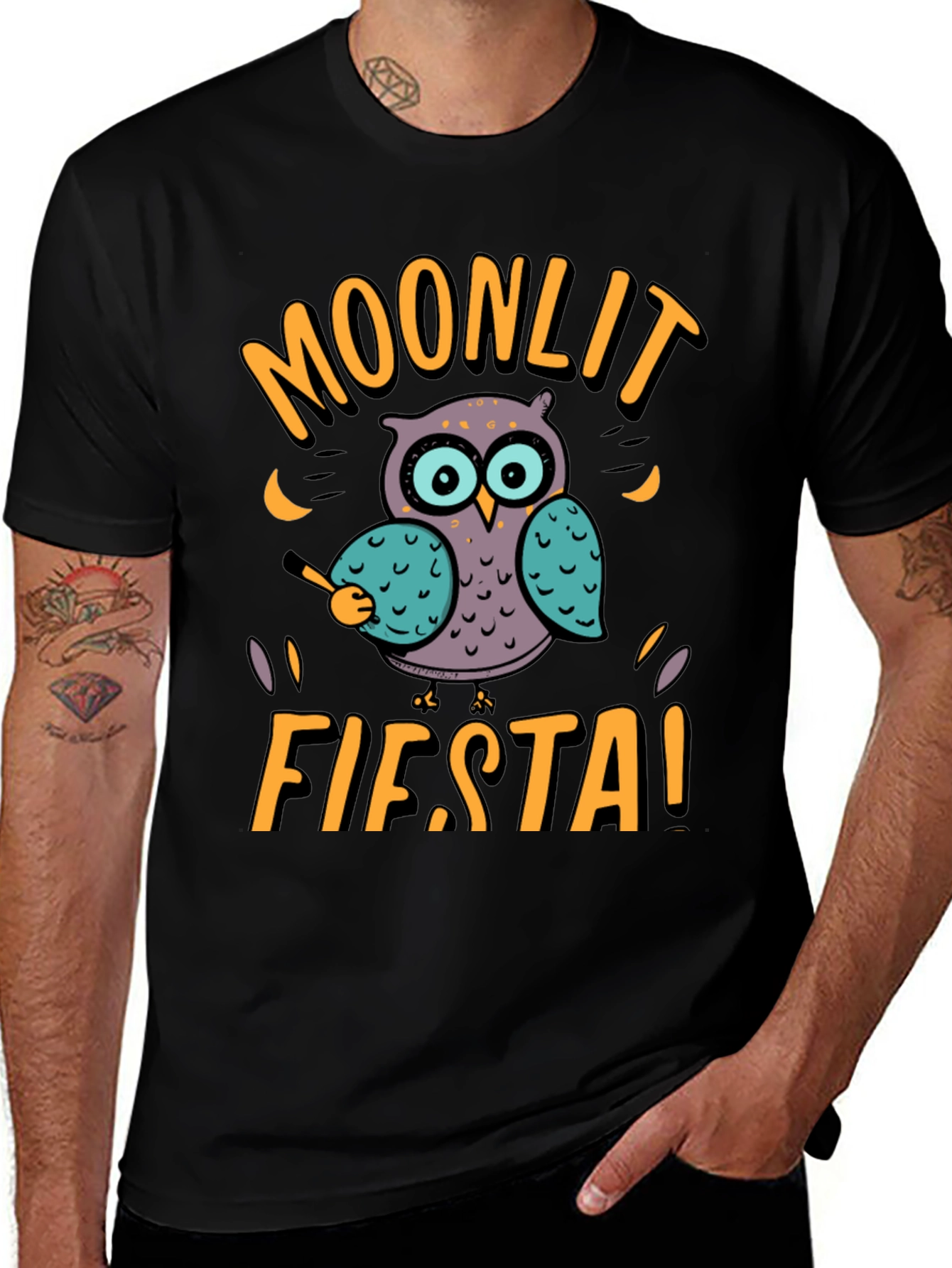 Moonlit Fiesta Owl Graphic Tee - Black