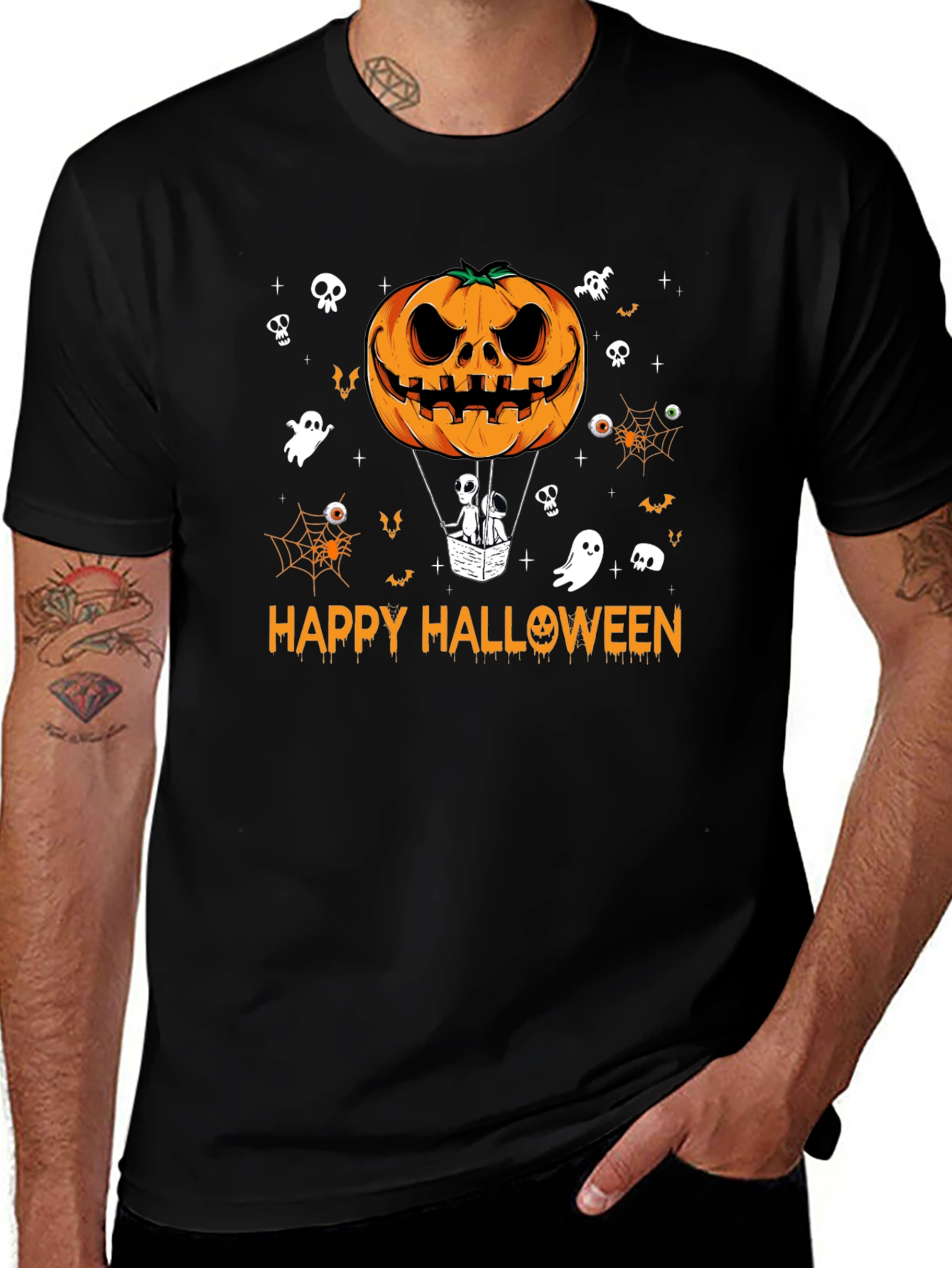 Happy Halloween Pumpkin Hot Air Balloon Black T-Shirt