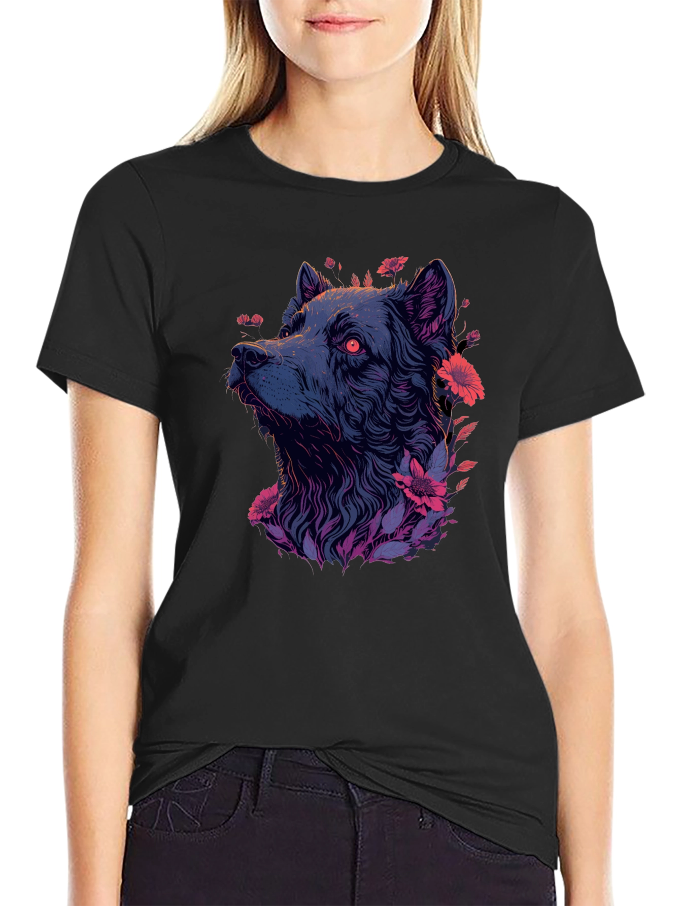 Floral Wolf Graphic Tee - Mens Black T-Shirt