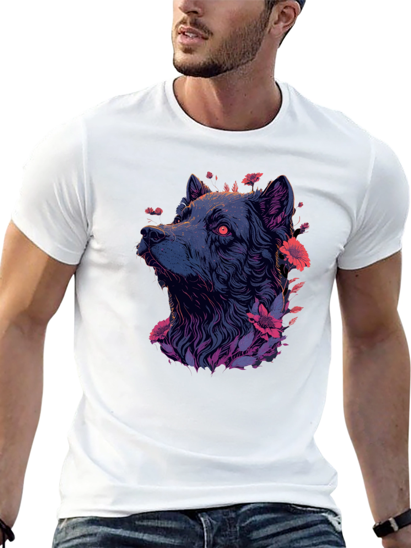 Floral Wolf Graphic Tee - Mens Black T-Shirt