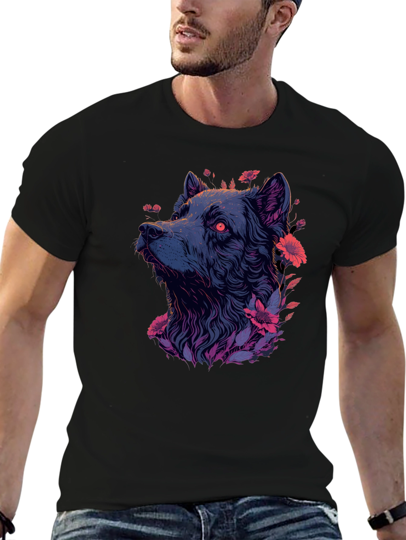 Floral Wolf Graphic Tee - Mens Black T-Shirt