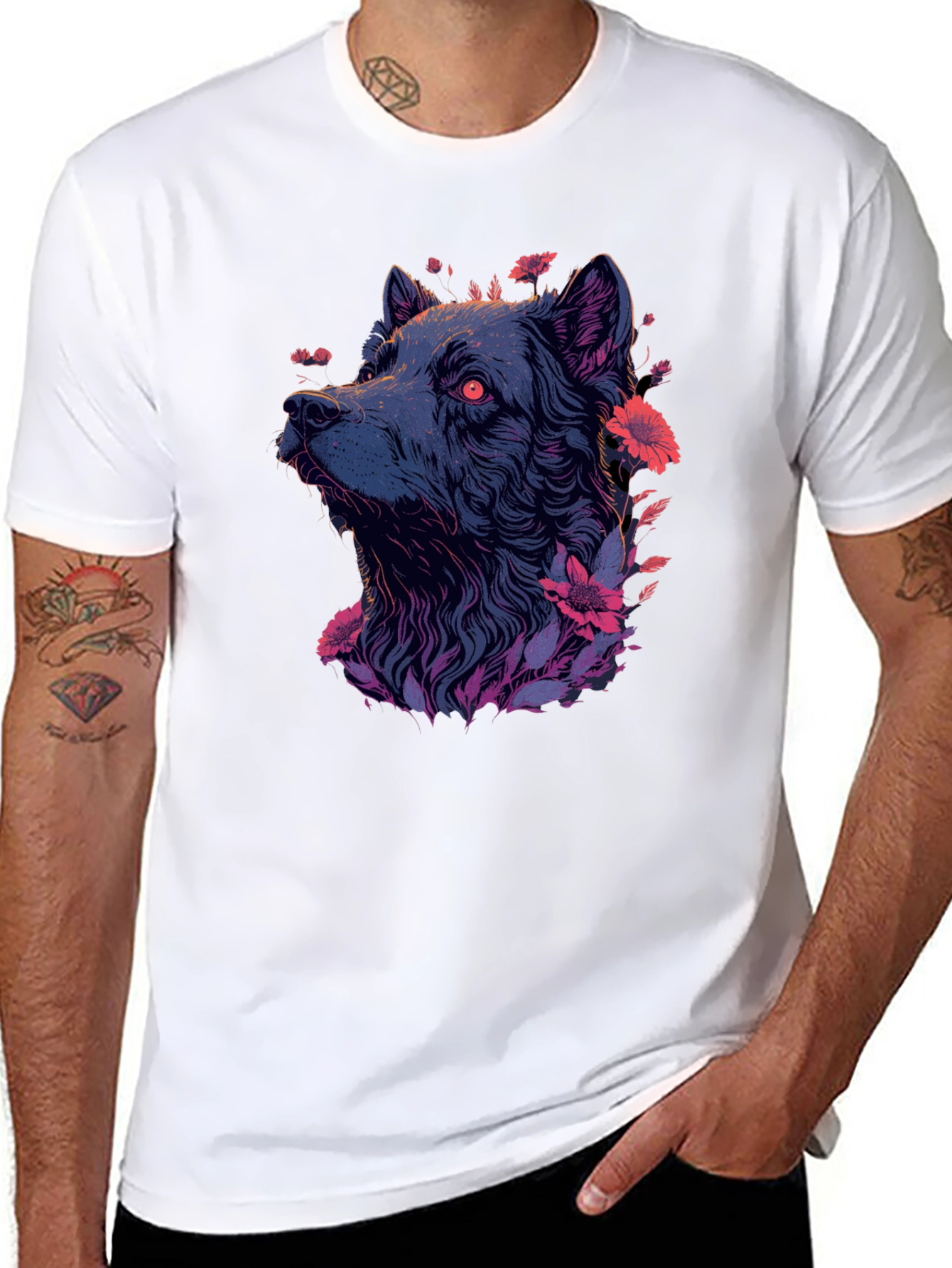 Floral Wolf Graphic Tee - Mens Black T-Shirt