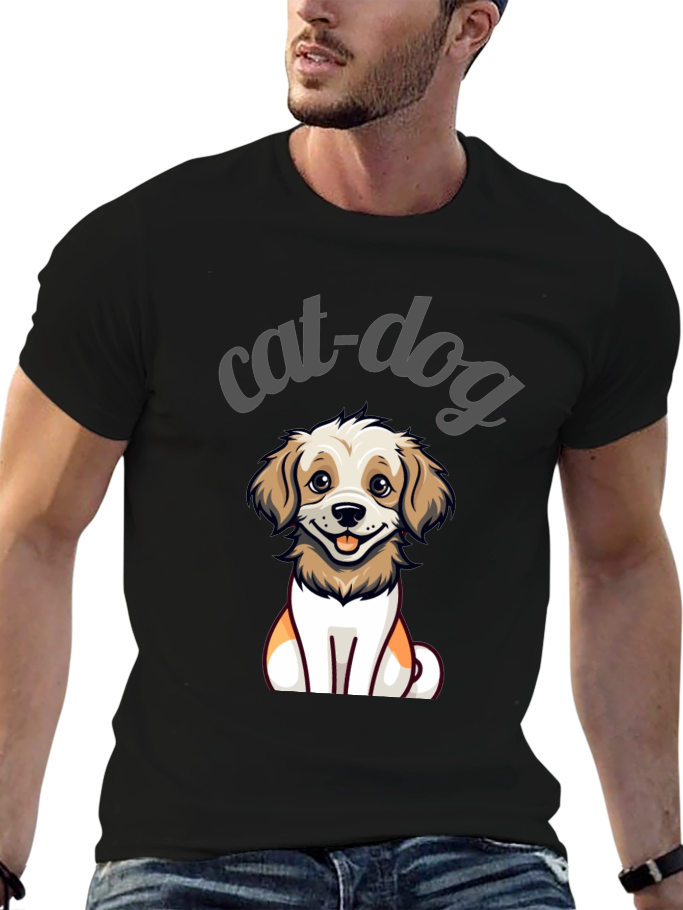 Cute Cat-Dog Cartoon Graphic Tee - Unisex Black T-Shirt