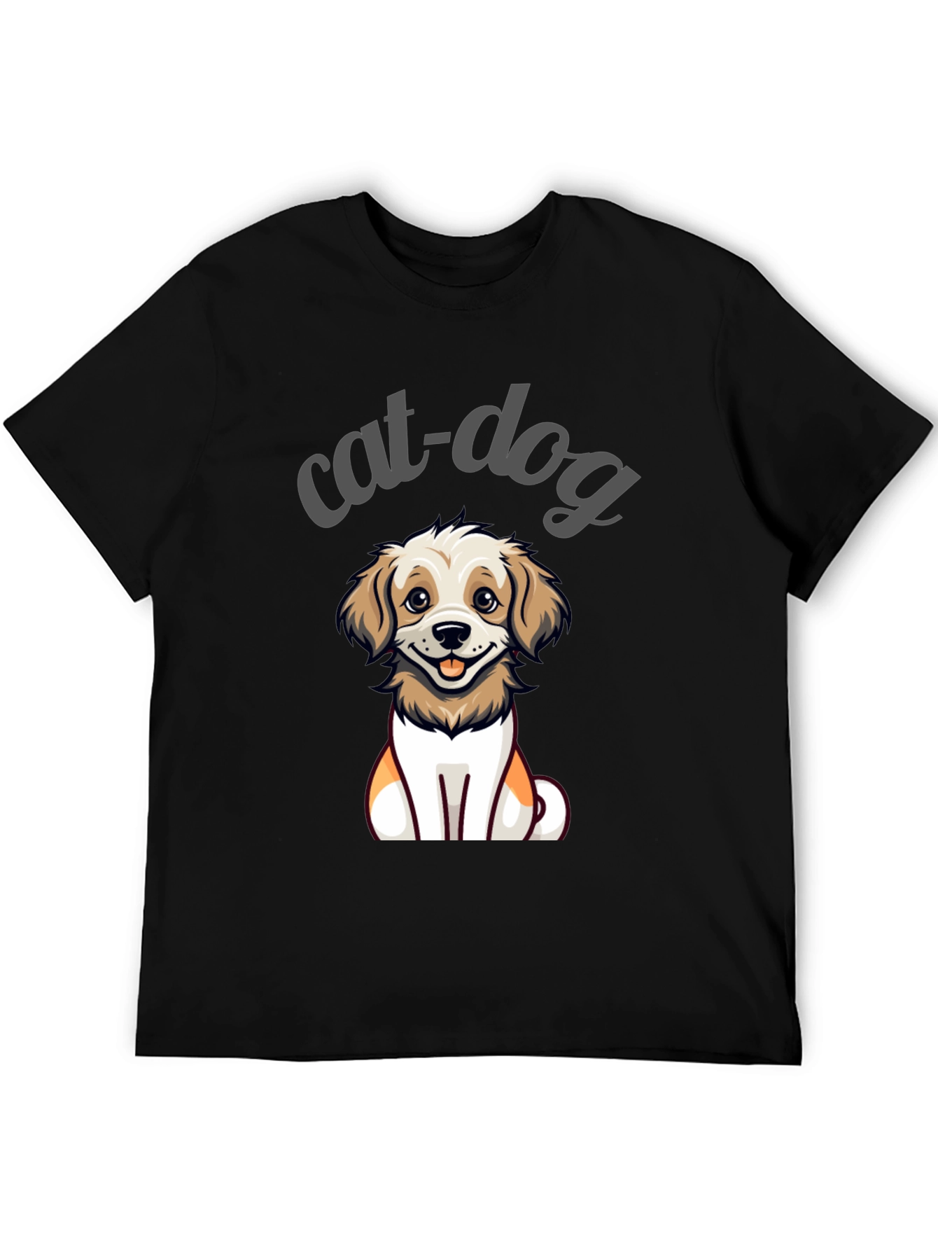Cute Cat-Dog Cartoon Graphic Tee - Unisex Black T-Shirt
