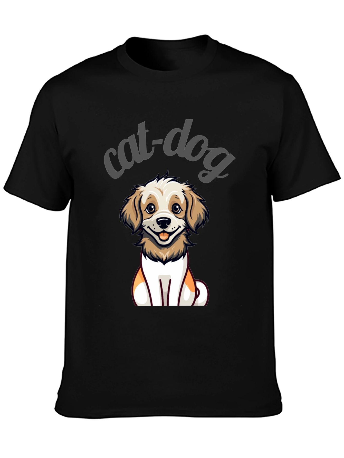 Cute Cat-Dog Cartoon Graphic Tee - Unisex Black T-Shirt