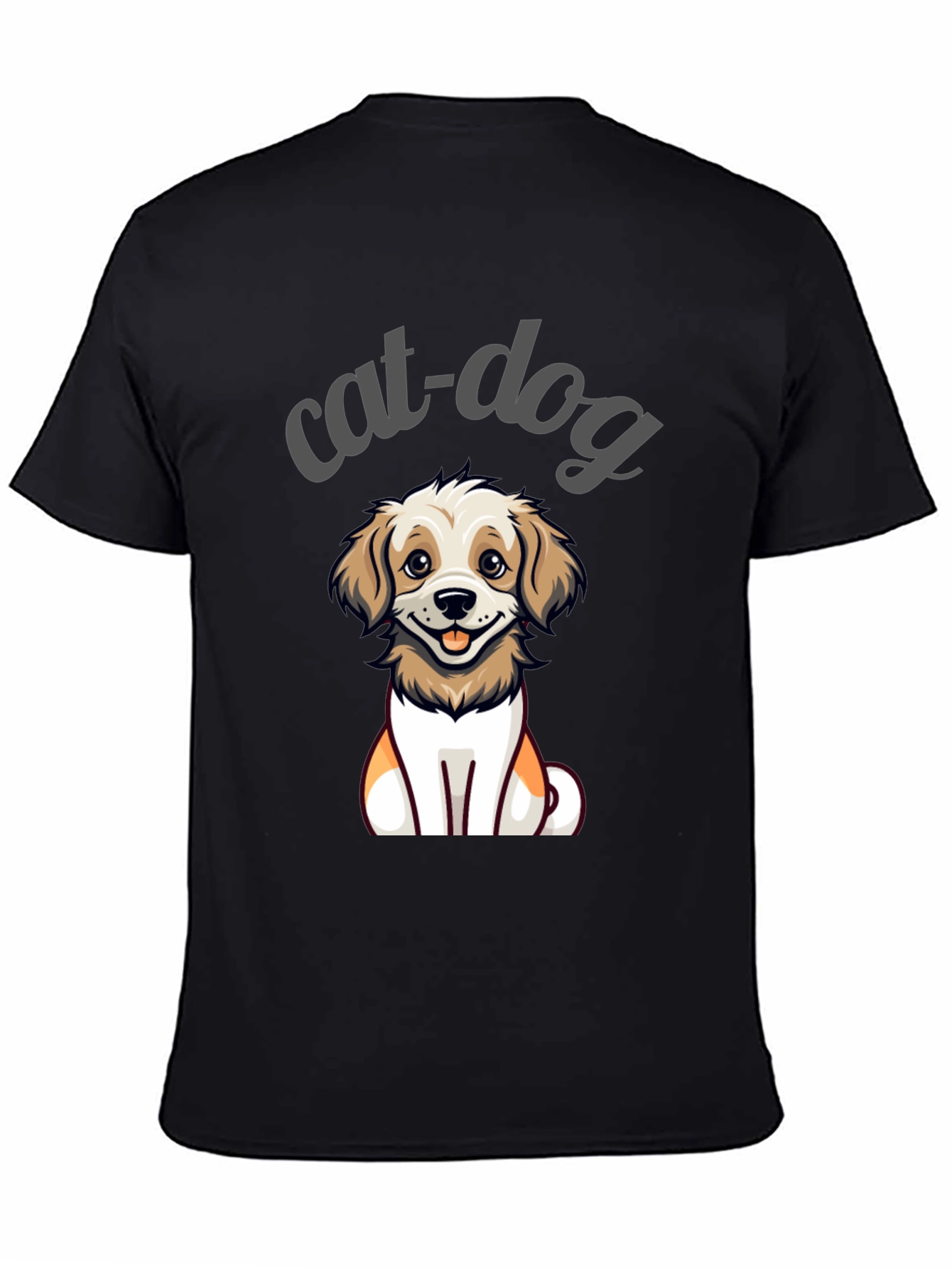 Cute Cat-Dog Cartoon Graphic Tee - Unisex Black T-Shirt