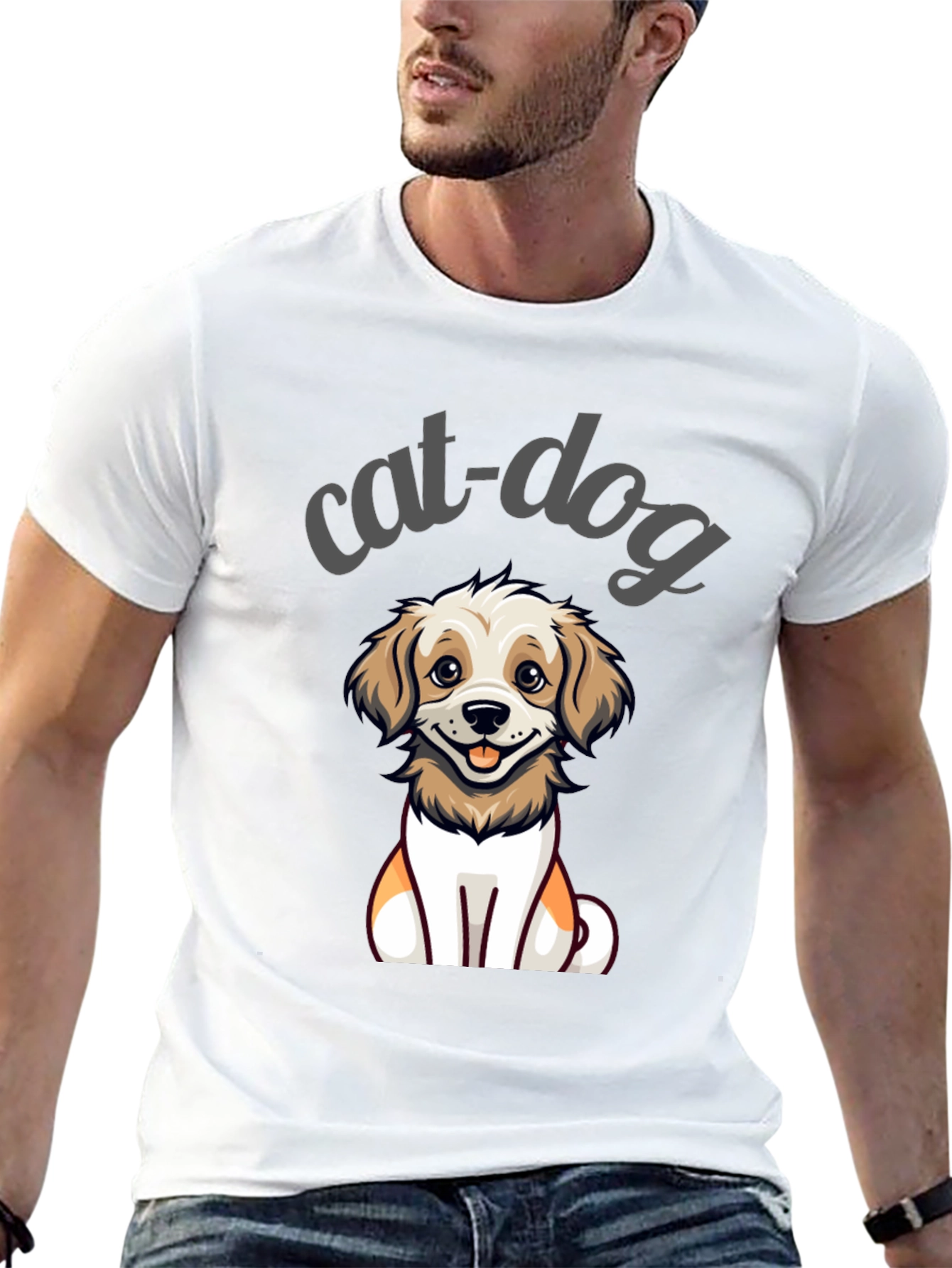 Cute Cat-Dog Cartoon Graphic Tee - Unisex Black T-Shirt