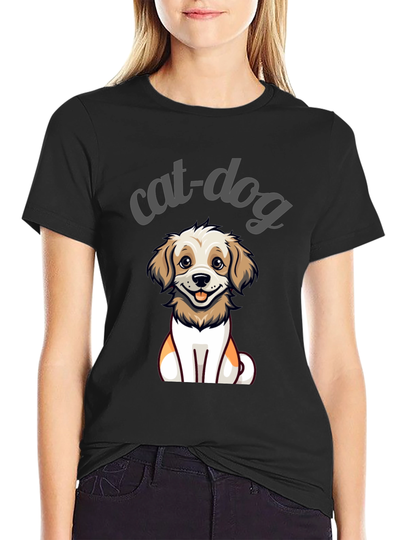 Cute Cat-Dog Cartoon Graphic Tee - Unisex Black T-Shirt