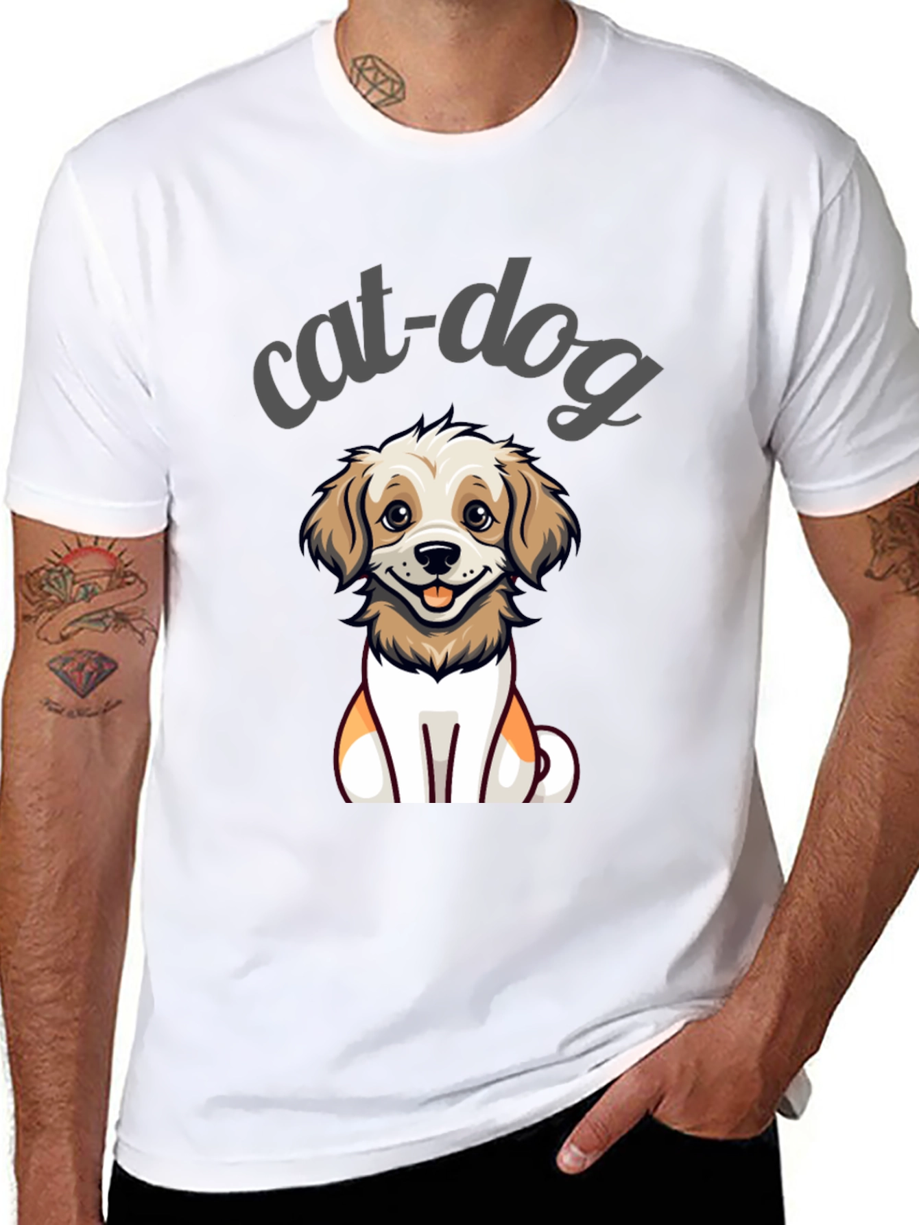 Cute Cat-Dog Cartoon Graphic Tee - Unisex Black T-Shirt
