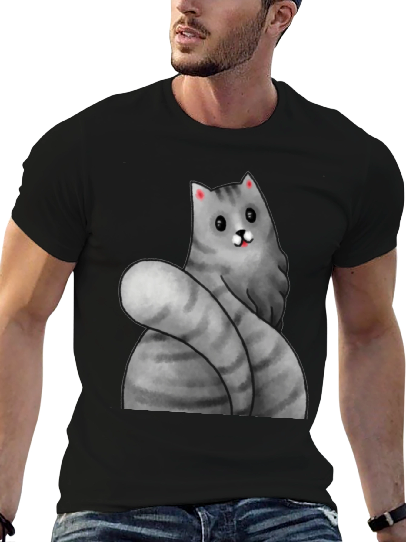 Funny Cat Graphic Tee - Black Cotton T-Shirt