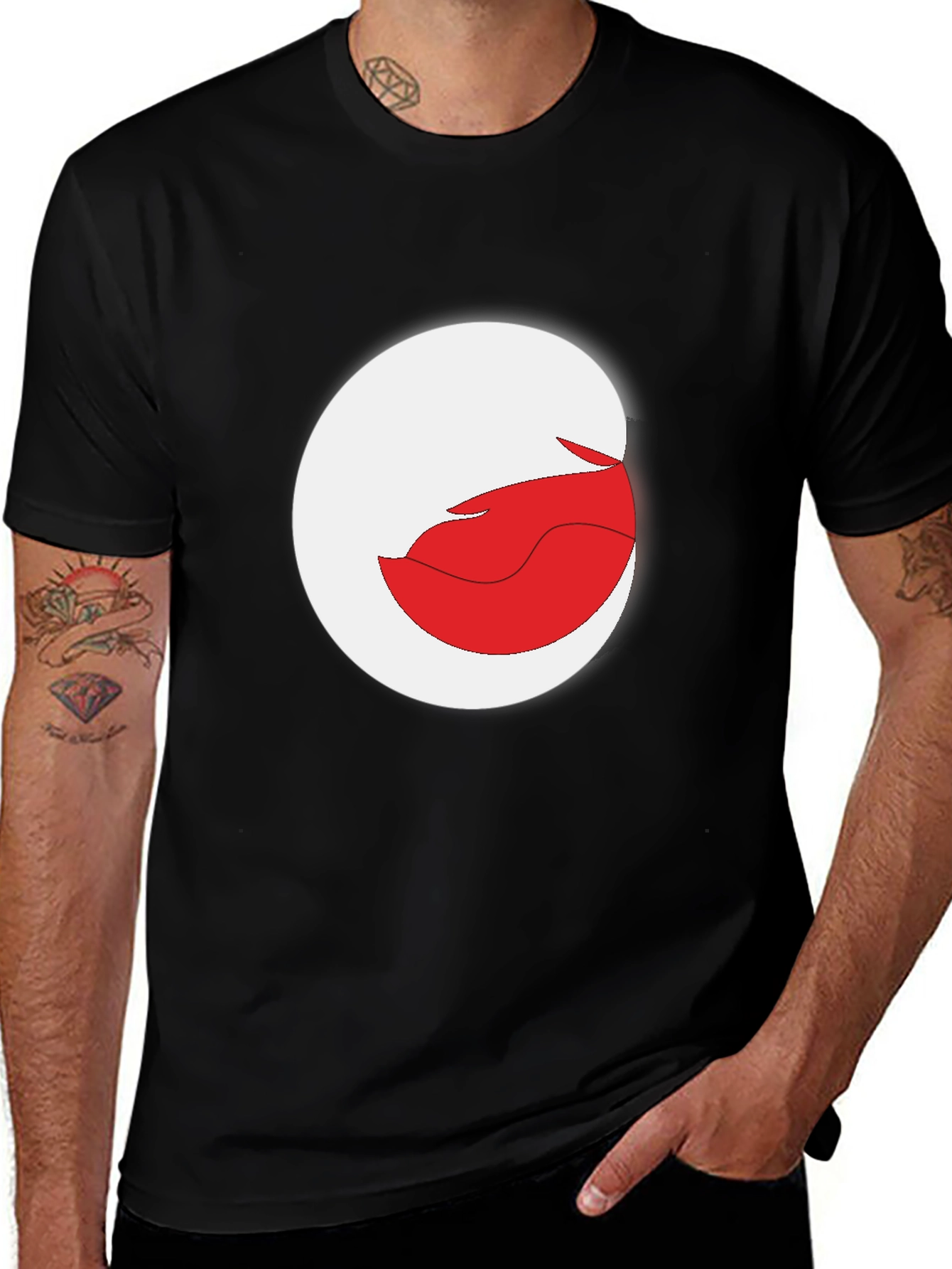 Abstract Red and White Graphic Print Black T-Shirt