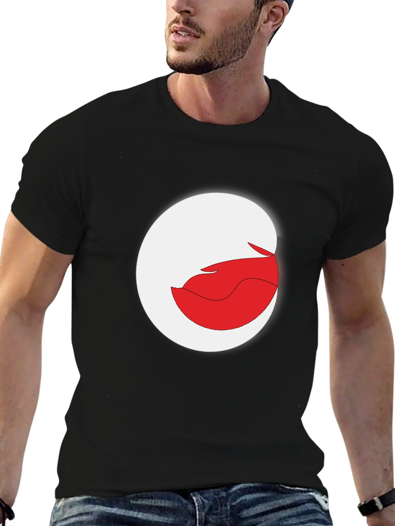 Abstract Red and White Graphic Print Black T-Shirt