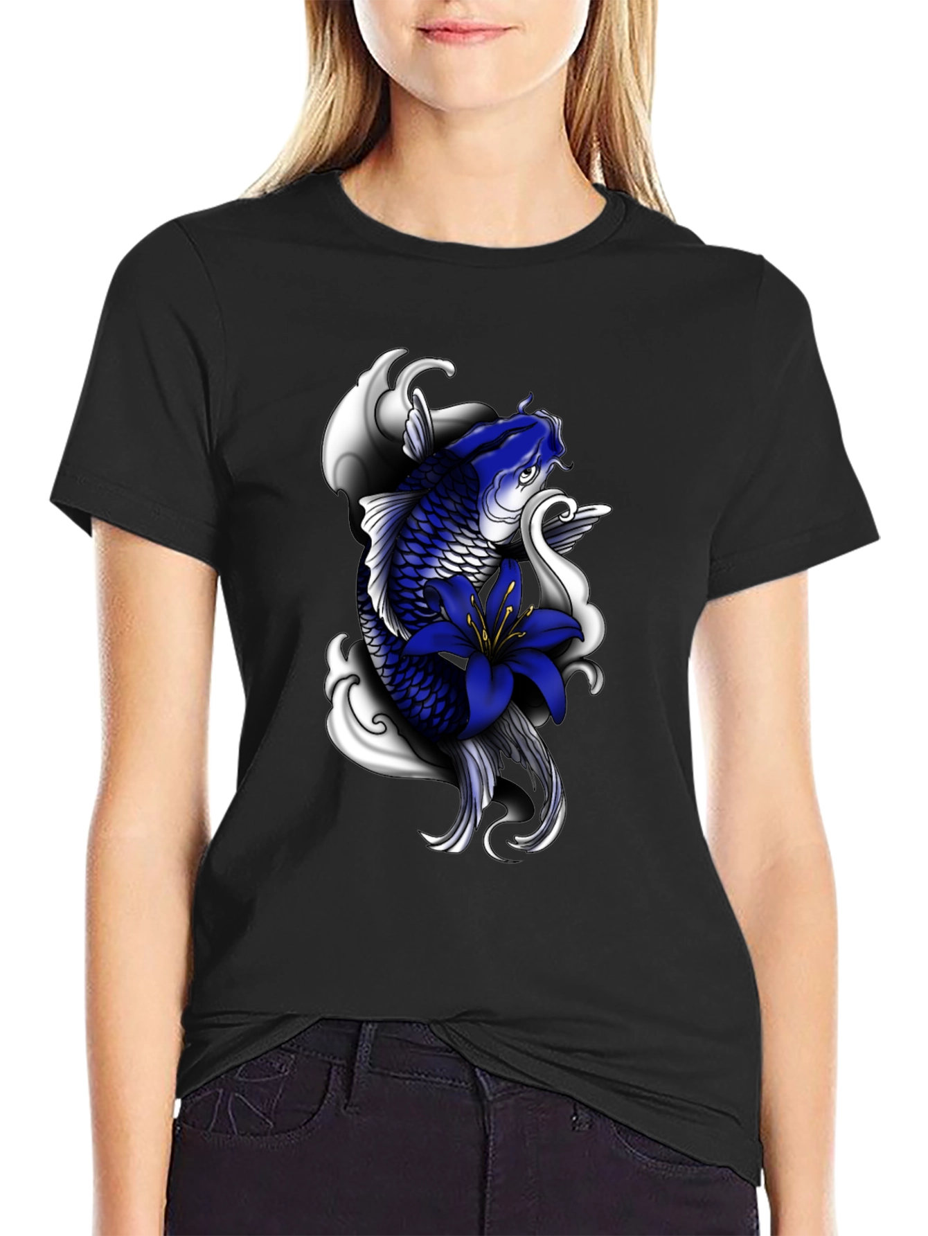 Koi Fish Graphic Print Black T-Shirt