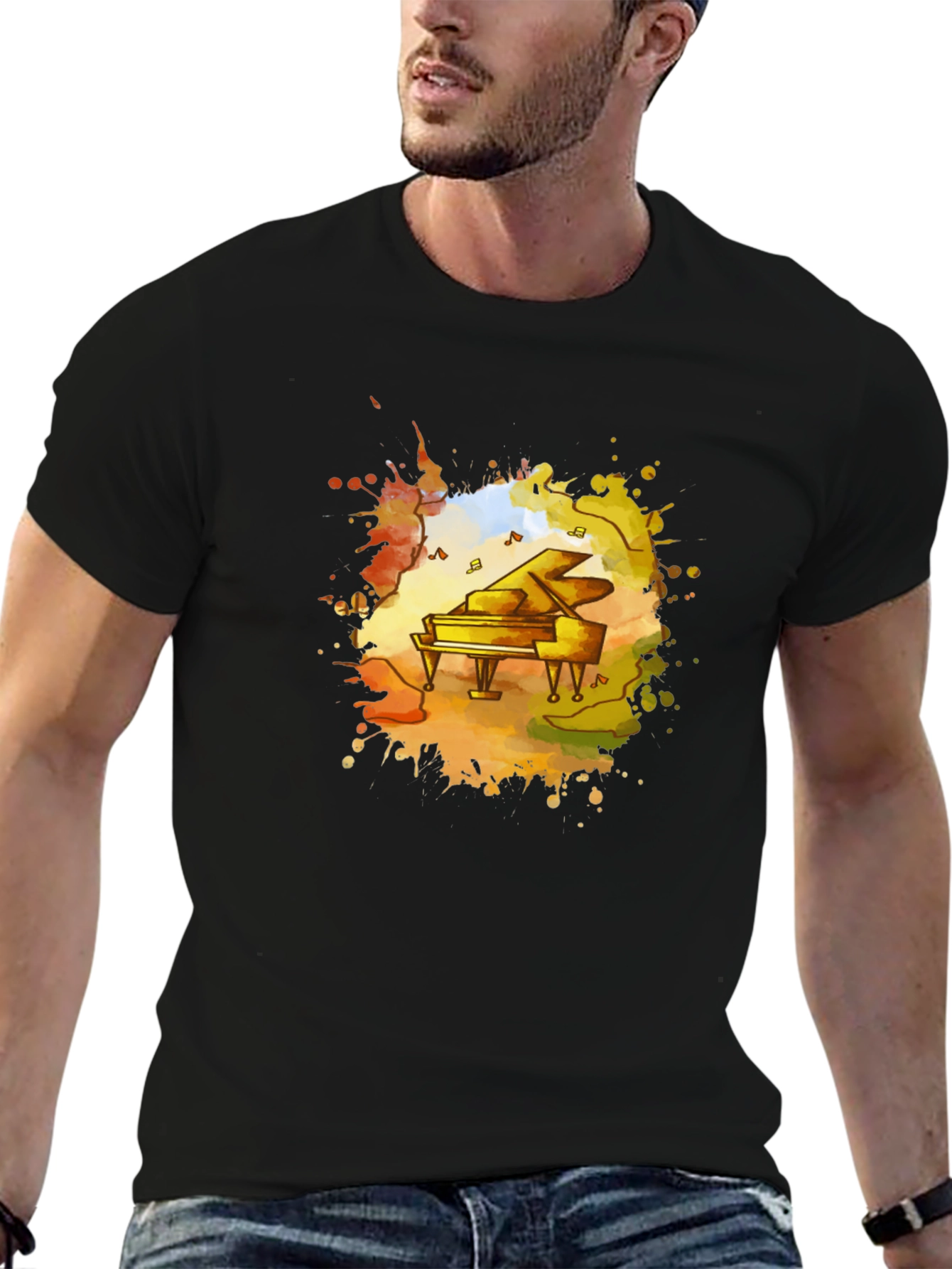 Piano Watercolor Black T-Shirt