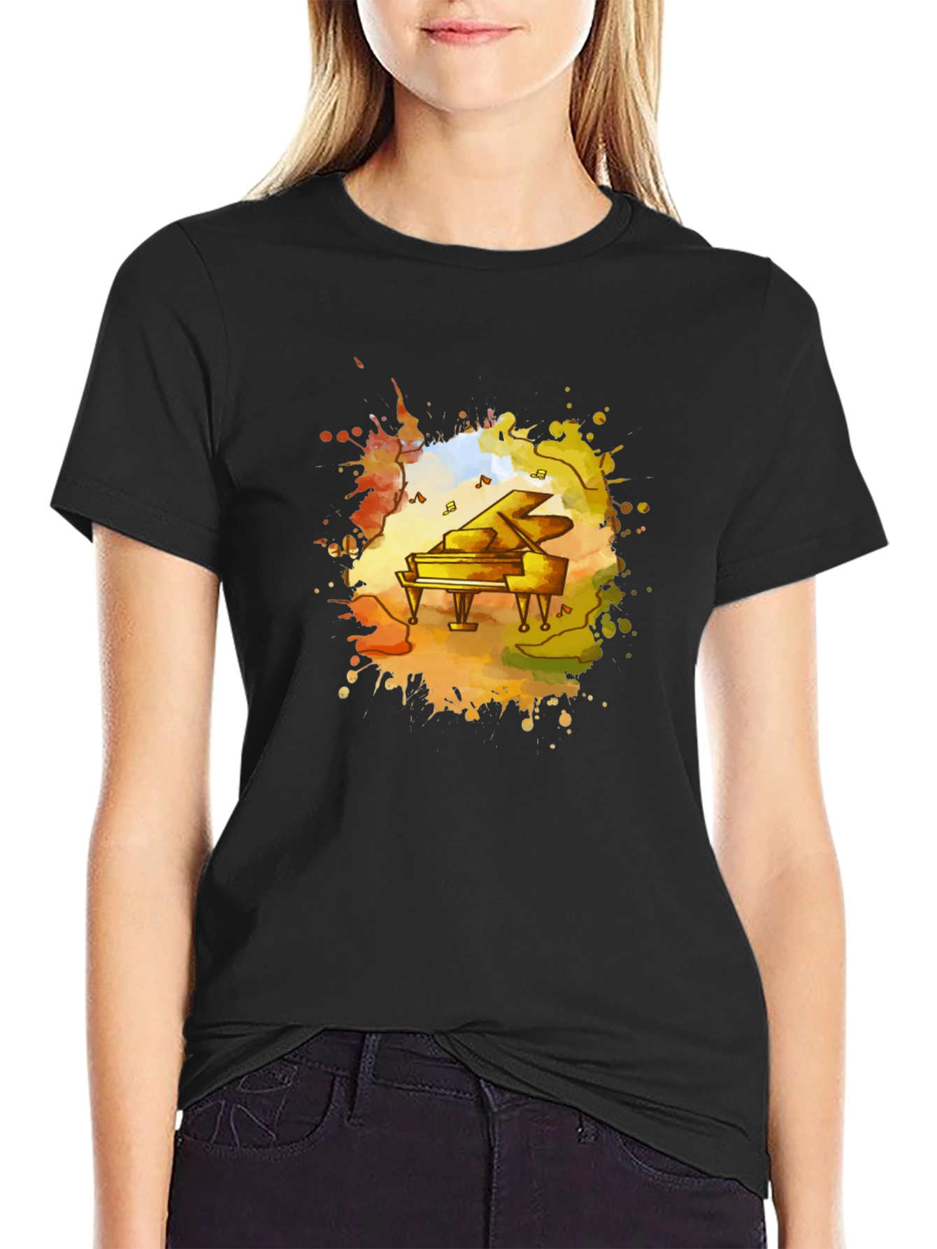 Piano Watercolor Black T-Shirt