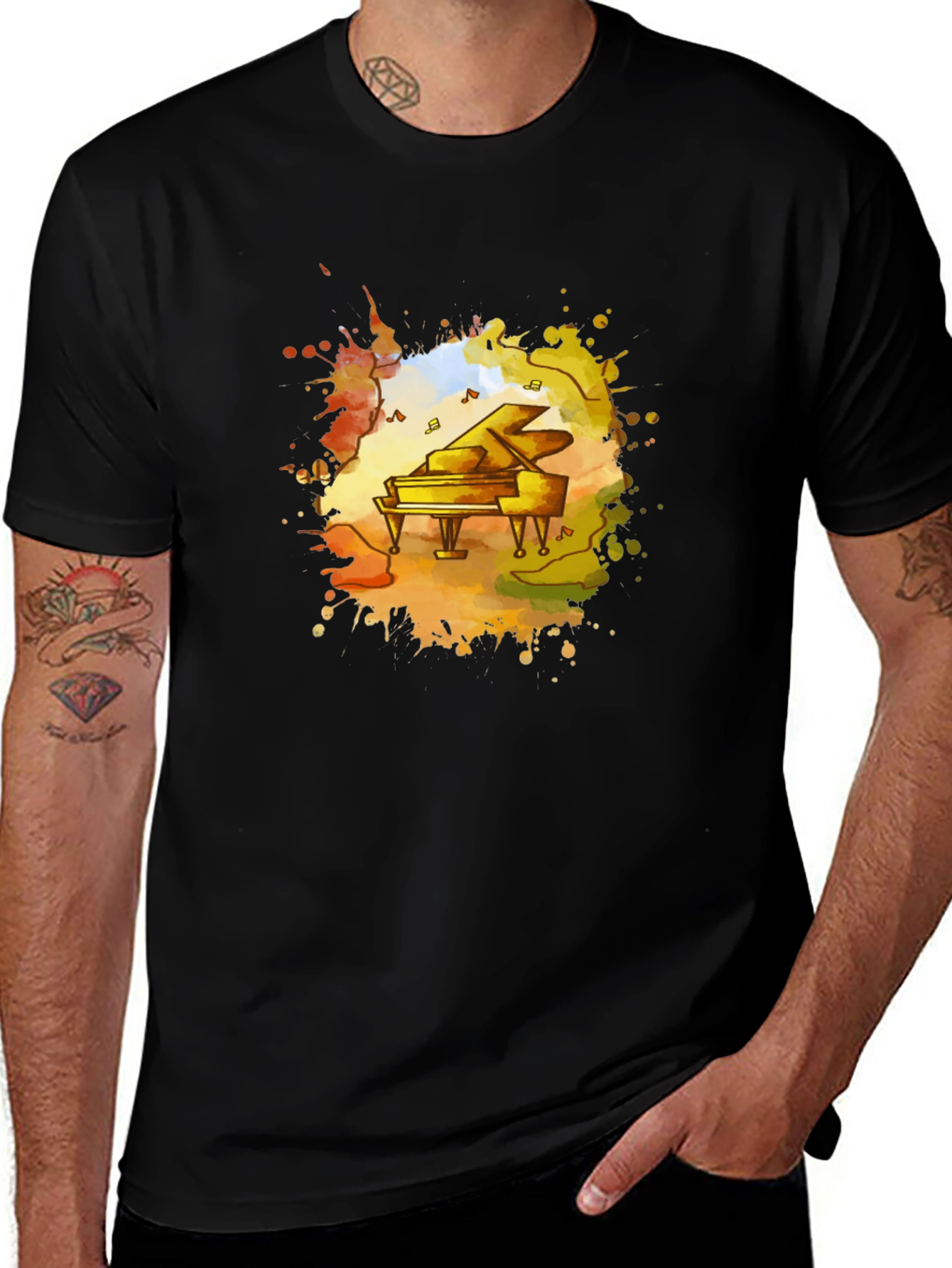 Piano Watercolor Black T-Shirt