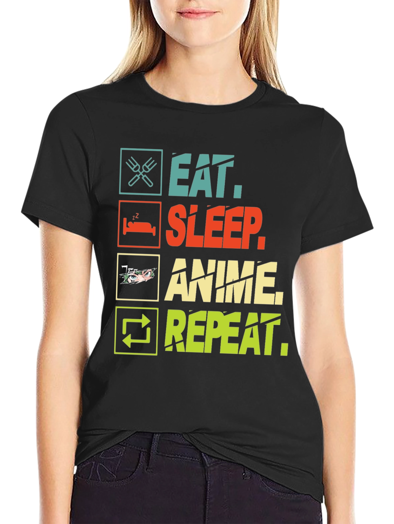 Eat Sleep Anime Repeat Black T-Shirt