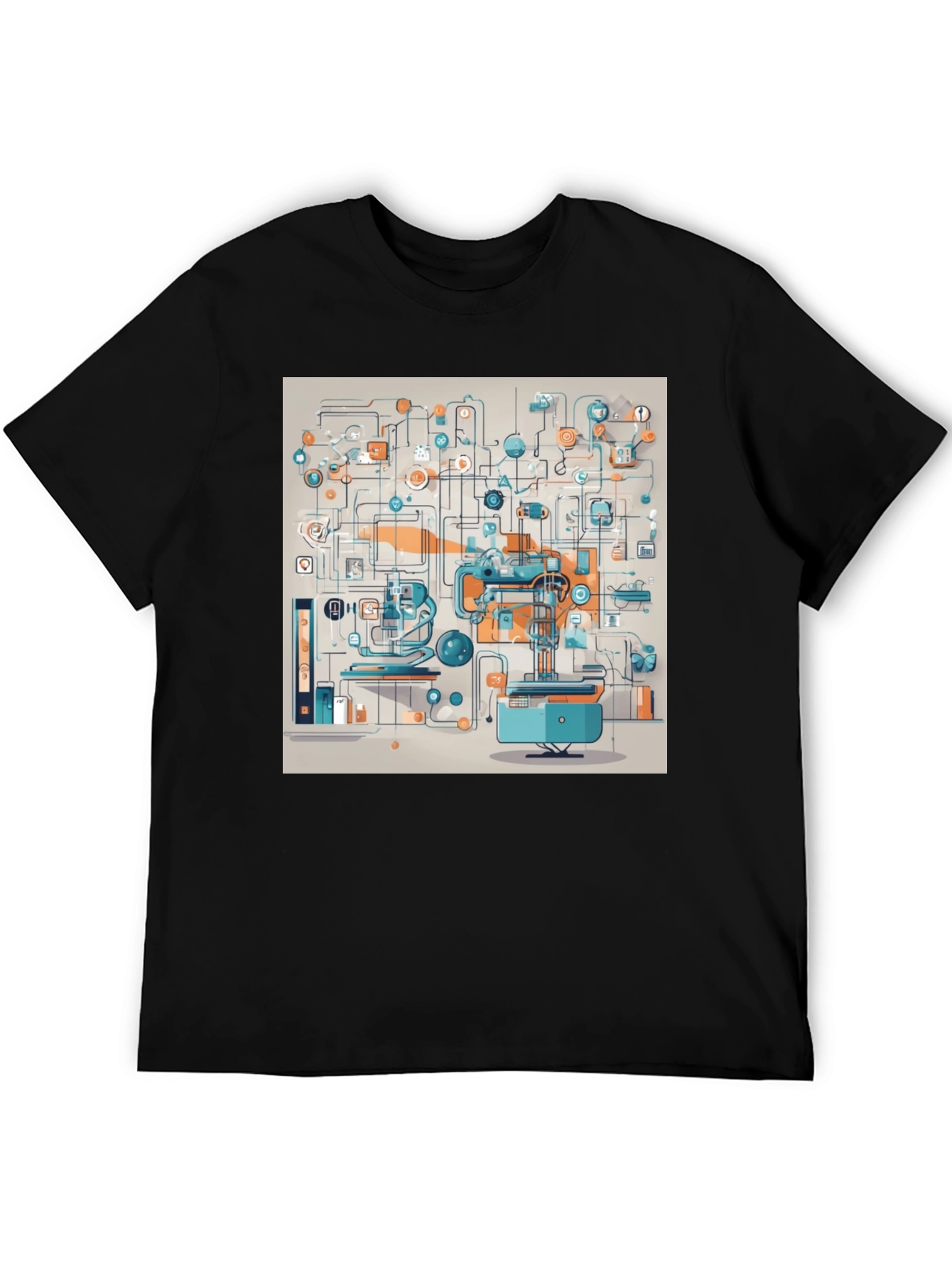 Abstract Machine Print Black T-Shirt