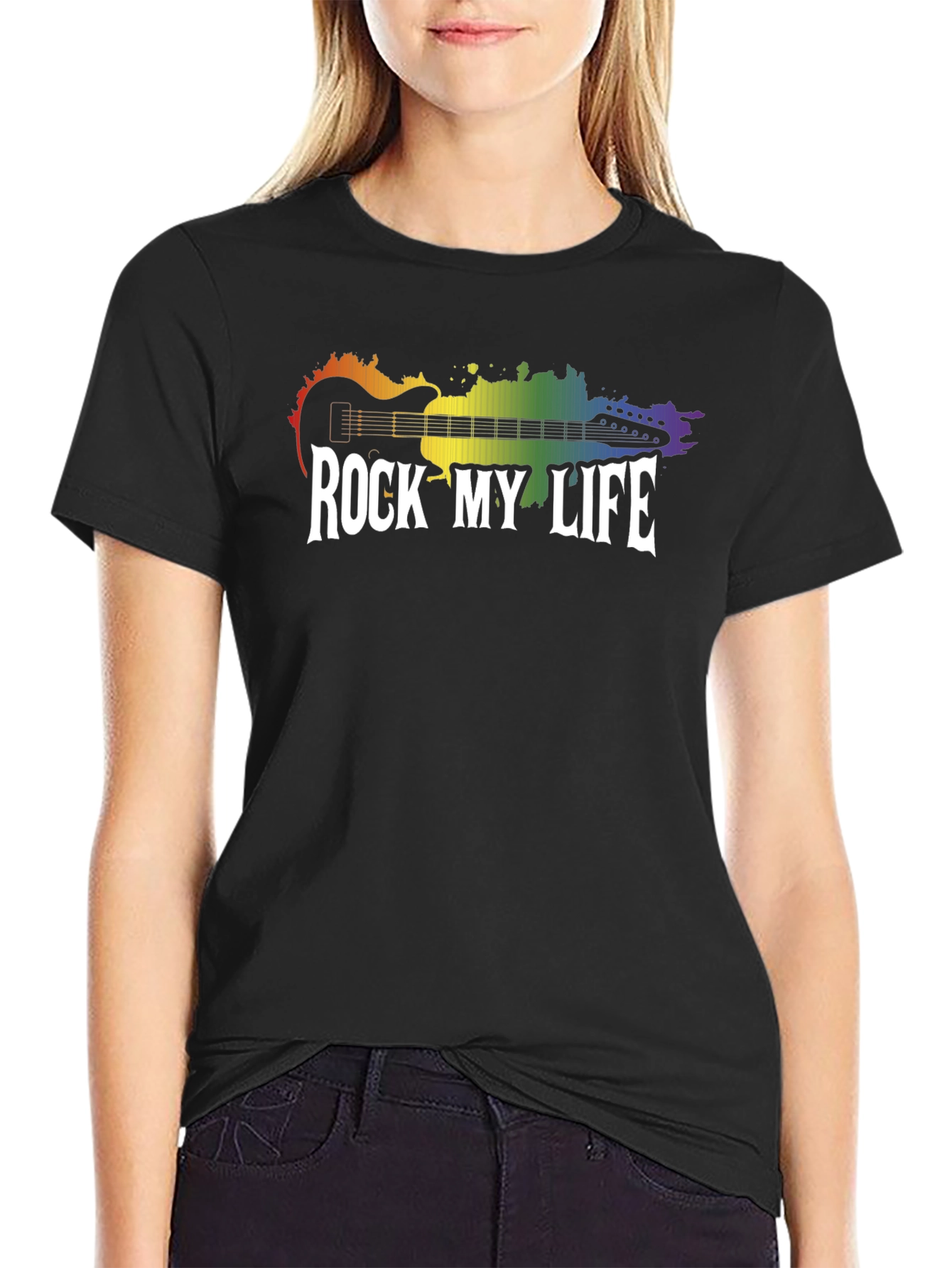 Rock My Life Graphic Tee - Rainbow Guitar Design