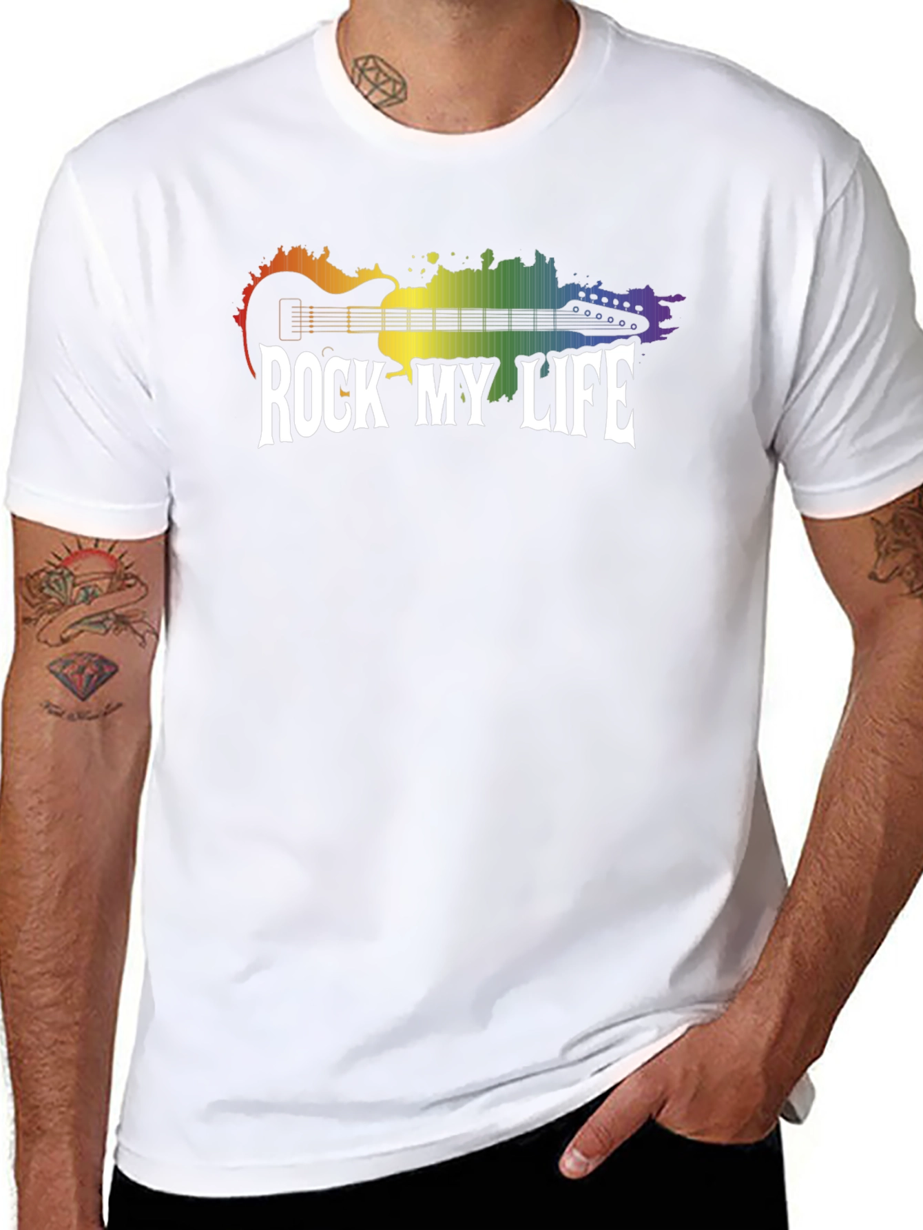 Rock My Life Graphic Tee - Rainbow Guitar Design