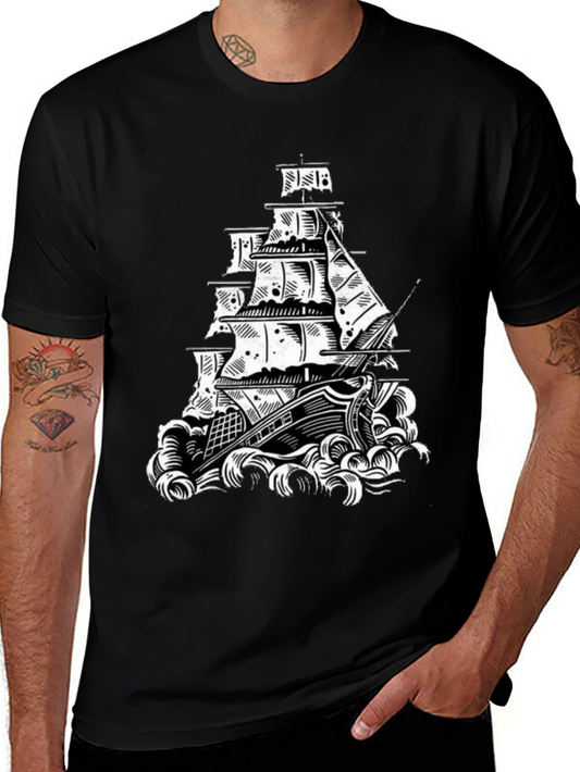 Vintage Sailing Ship Graphic Tee - Black Cotton T-Shirt